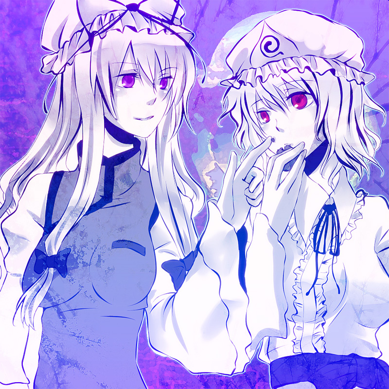 fusuke, saigyouji yuyuko, yakumo yukari, touhou, bad id, bad pixiv id, 2girls, chocolate, female focus, hat, multiple girls, purple eyes, red eyes