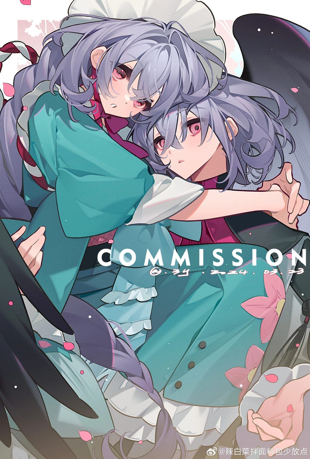 yuanyunyu 3y, highres, non-web source, closed mouth, dress, feathered wings, frills, grey hair, hair between eyes, hat, japanese clothes, kimono, long hair, long sleeves, looking at viewer, multiple girls, red eyes, sash, short hair, smile, wings