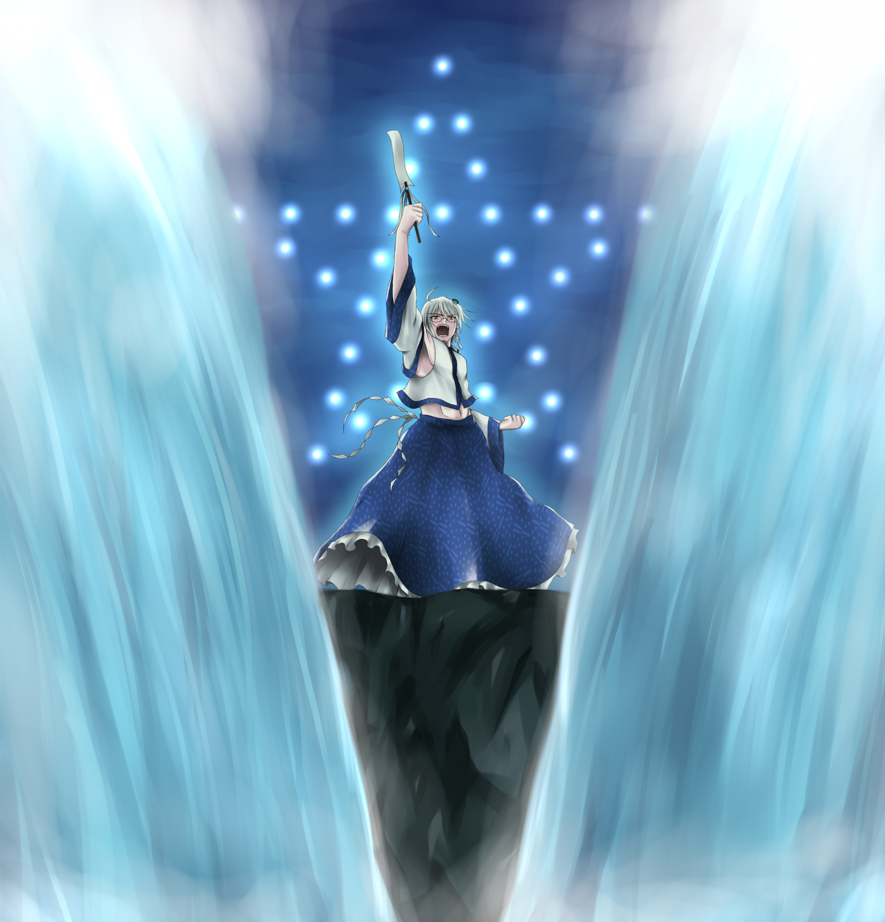 ni (ippozenshin), kochiya sanae, morichika rinnosuke, touhou, highres, 1boy, arm up, cosplay, crossdressing, crossdressing (mtf), danmaku, gohei, hydrokinesis, kochiya sanae (cosplay), male focus, oonusa, solo, star (symbol), water