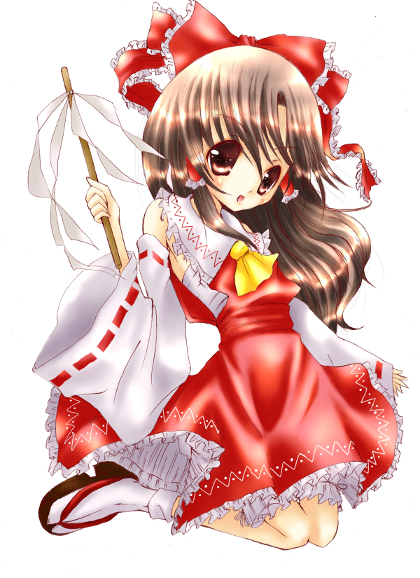 taoru, tarow, hakurei reimu, touhou, bad id, bad pixiv id, 1girl, brown hair, detached sleeves, female focus, japanese clothes, miko, red eyes, sandals, solo