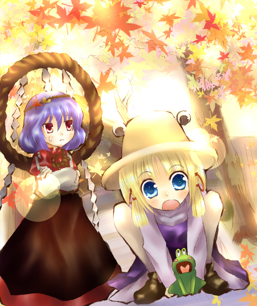 taoru, tarow, moriya suwako, yasaka kanako, touhou, bad id, bad pixiv id, 2girls, :o, animal, autumn leaves, blonde hair, blue eyes, dutch angle, female focus, frog, full body, hat, leaf, multiple girls, open mouth, purple hair, red eyes, rope, short hair, squatting, tareme