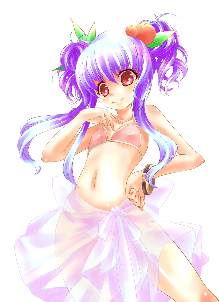 taoru, tarow, hinanawi tenshi, touhou, bad id, bad pixiv id, 1girl, alternate hairstyle, bikini, female focus, flat chest, food, fruit, hat, peach, pink bikini, purple hair, red eyes, sarong, see-through clothes, see-through sarong, smile, solo, swimsuit