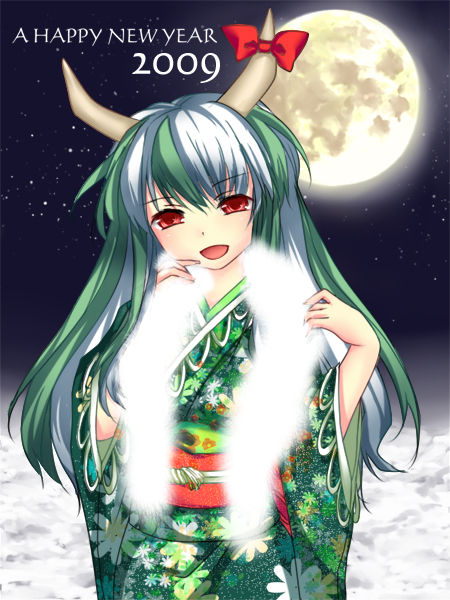 enone, ex-keine, kamishirasawa keine, touhou, silver hair, 00s, 1girl, 2009, female focus, full moon, green hair, head tilt, horns, japanese clothes, kimono, long hair, moon, new year, open mouth, red eyes, smile, solo