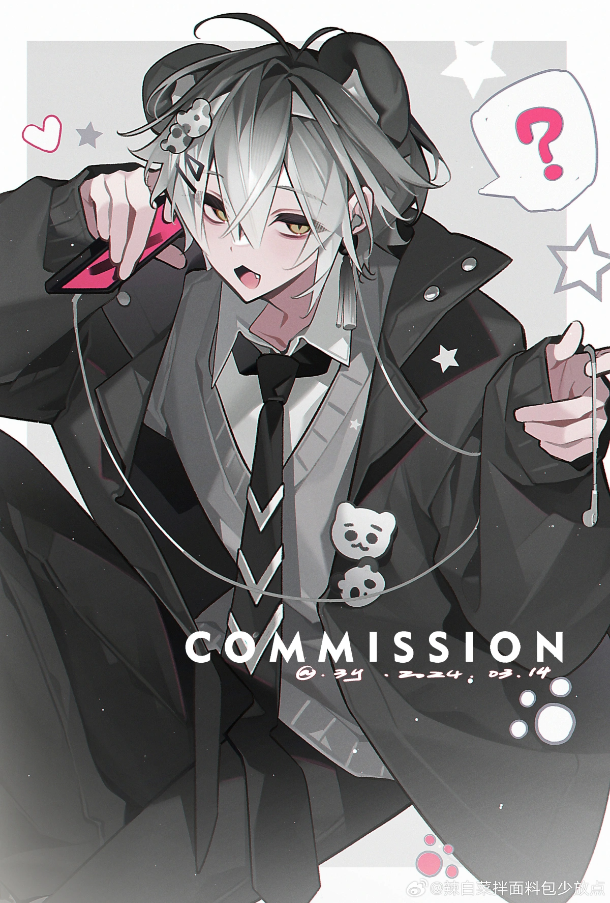 yuanyunyu 3y, highres, non-web source, 1boy, black jacket, black necktie, collared shirt, hair between eyes, heart, jacket, long sleeves, looking at viewer, male focus, necktie, open mouth, shirt, solo