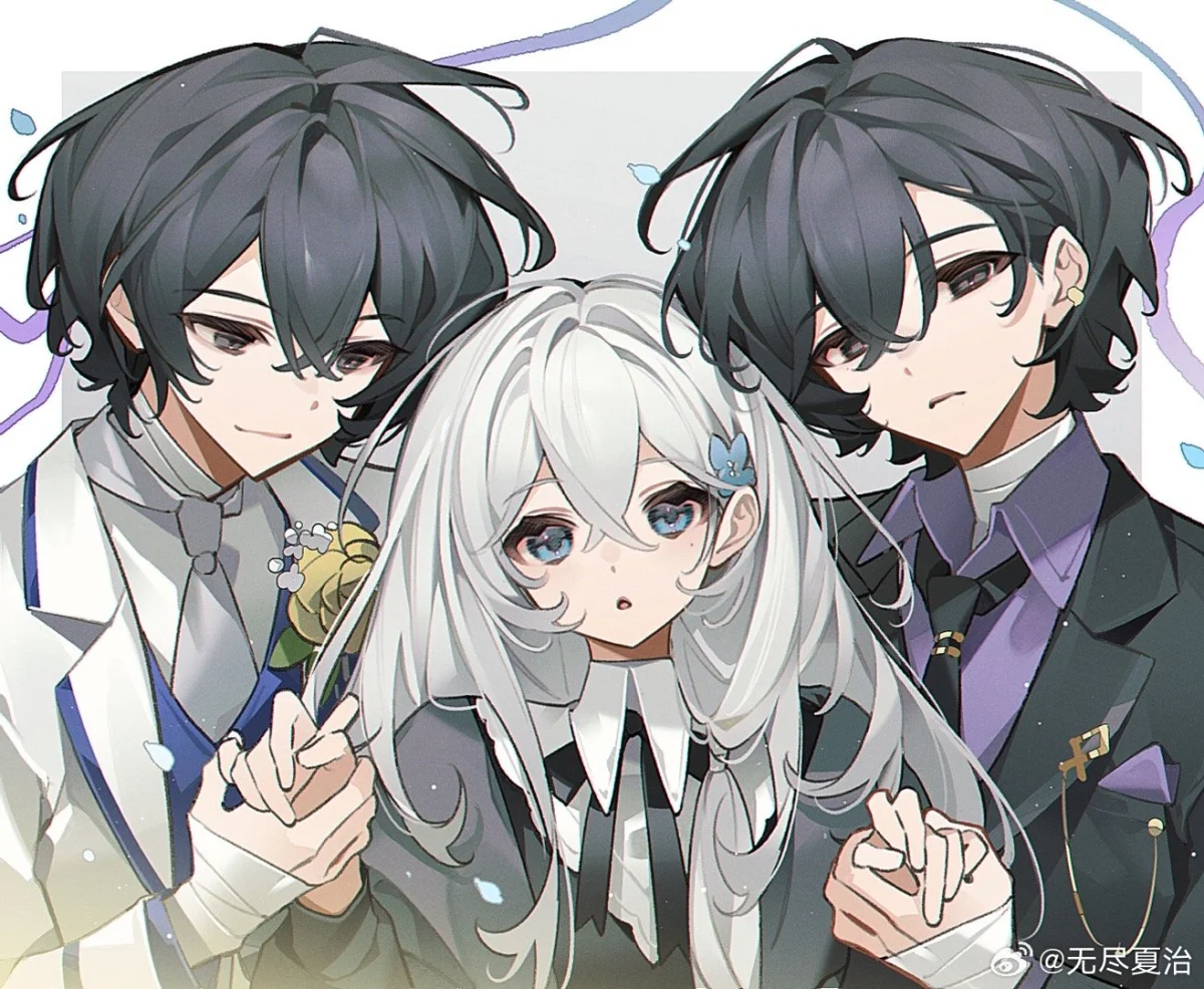 yuanyunyu 3y, non-web source, 1girl, 2boys, ahoge, black hair, black necktie, blue eyes, collared shirt, hair between eyes, hair ornament, jacket, long hair, long sleeves, looking at viewer, multiple boys, necktie, open mouth, shirt, white shirt