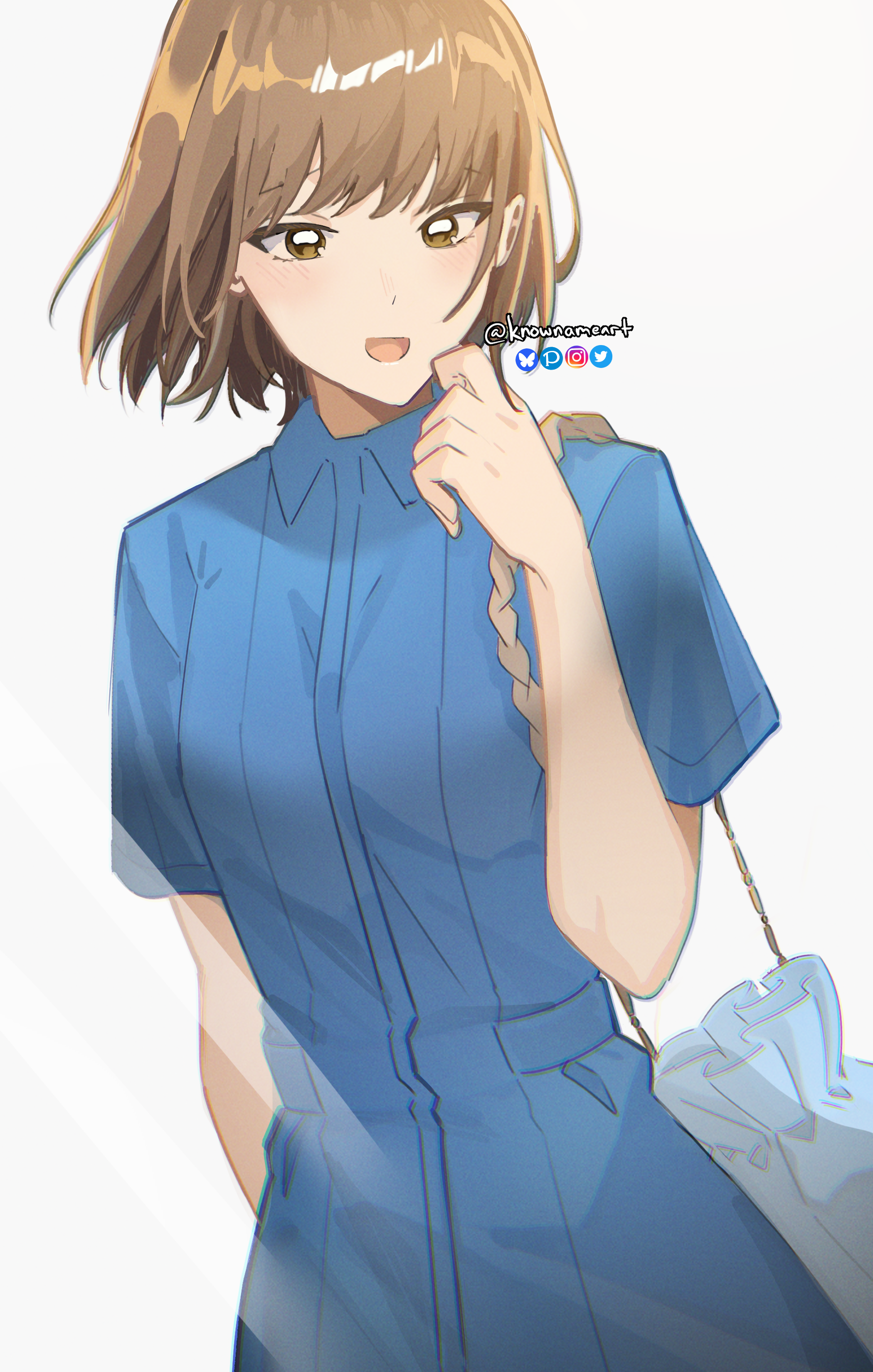 knowname, kano chinatsu, ao no hako, absurdres, commentary, highres, 1girl, artist name, bag, brown eyes, brown hair, collared dress, dress, hand up, looking at viewer, open mouth, pouch, short hair, short sleeves, shoulder bag, smile, solo