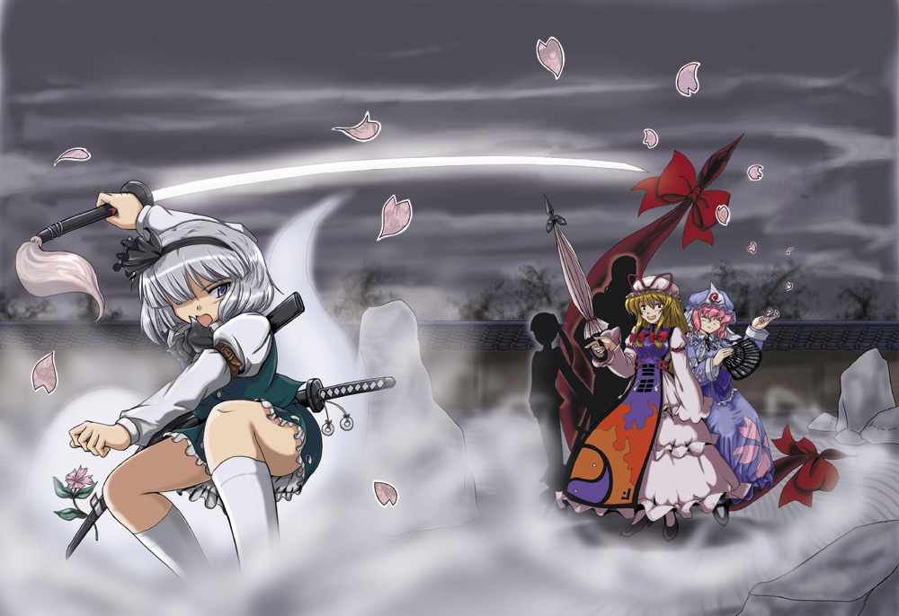 flx, konpaku youmu, konpaku youmu (ghost), saigyouji yuyuko, yakumo yukari, touhou, silver hair, 3girls, blonde hair, female focus, gap (touhou), ghost, hairband, hitodama, katana, multiple girls, petals, pink hair, short hair, sword, umbrella, weapon