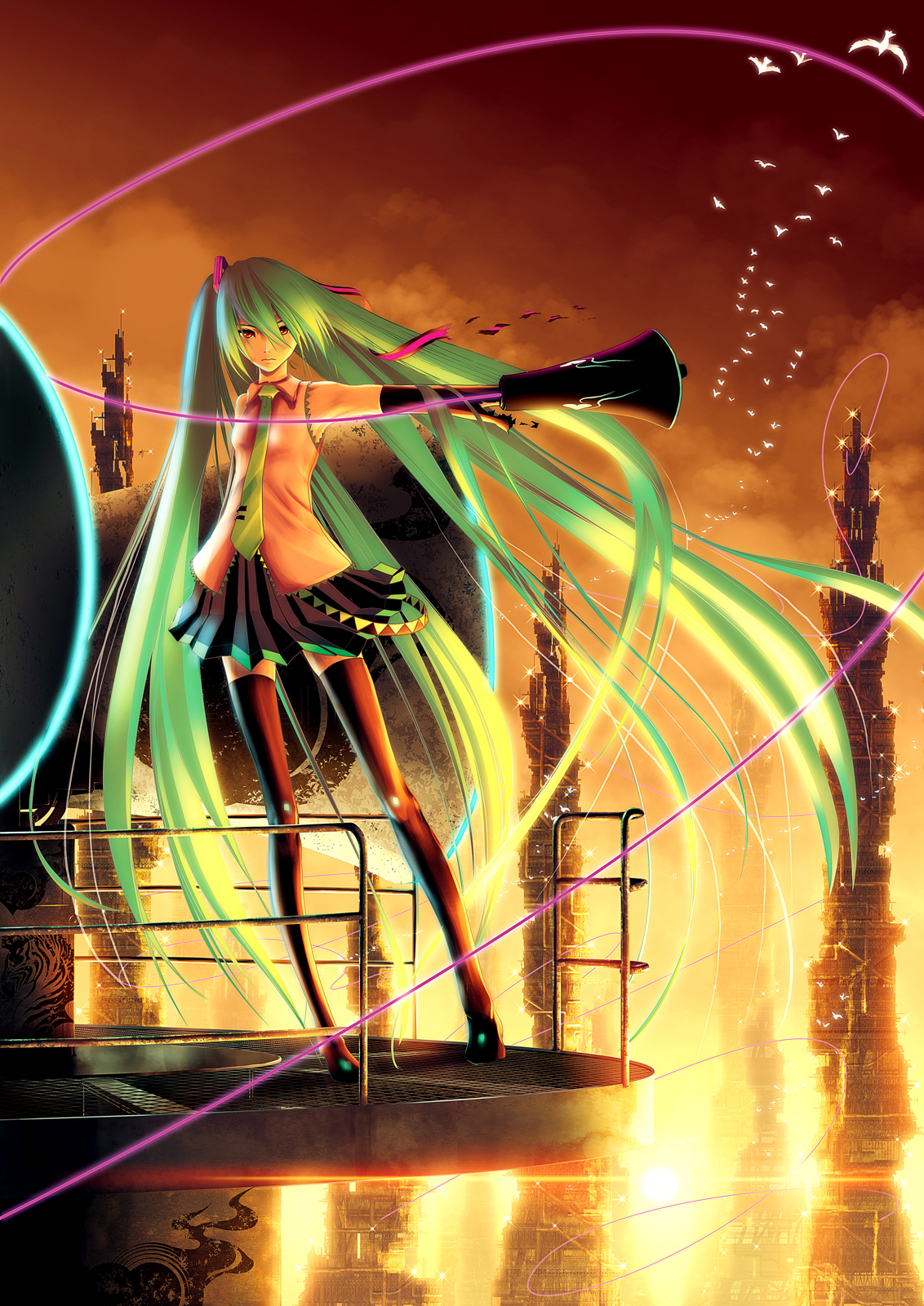 yonasawa, hatsune miku, koi wa sensou (vocaloid), vocaloid, highres, 1girl, bare shoulders, bird, black thighhighs, detached sleeves, female focus, green hair, long hair, megaphone, necktie, red eyes, skirt, solo, thighhighs, tower, twintails, very long hair, zettai ryouiki