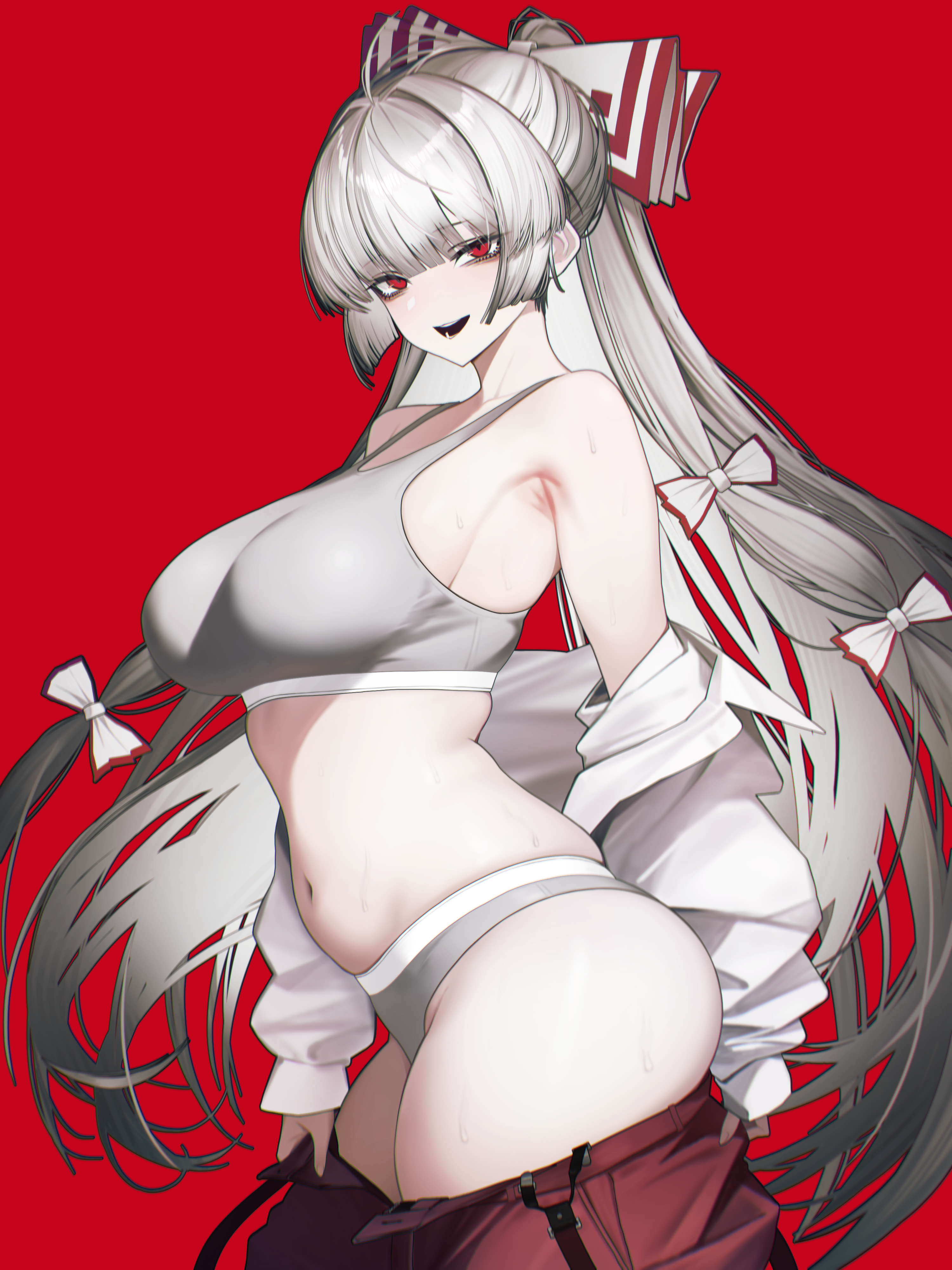 vxdrq, fujiwara no mokou, touhou, absurdres, commentary, highres, 1girl, ahoge, alternate breast size (larger), armpits, blush, bow, bra, breasts, clothes pull, grey bra, grey hair, grey panties, hair bow, large breasts, long hair, looking at viewer, navel, open clothes, open shirt, panties, pants, pants pull, ponytail, red background, red eyes, shirt, shirt pull, simple background, skindentation, smile, solo, sports bra, sports panties, stomach, sweat, underwear, very long hair, white bow, white shirt
