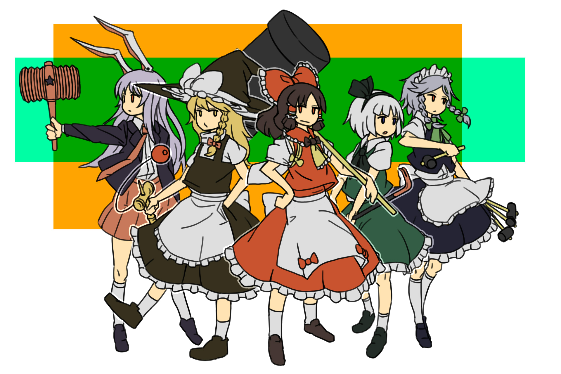 uewtsol, hakurei reimu, izayoi sakuya, kirisame marisa, konpaku youmu, reisen udongein inaba, touhou, highres, 5girls, crowbar, female focus, flat color, hammer, hat, holding, holding crowbar, kendama, maid, multiple girls, skirt