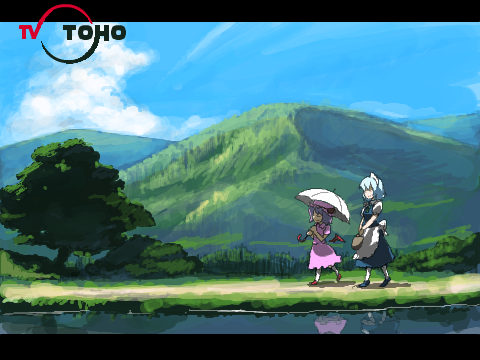 kitsune (kazenouta), kitsune (pixiv), izayoi sakuya, remilia scarlet, touhou, tv tokyo, lowres, 2girls, cloud, day, female focus, letterboxed, multiple girls, nature, parody, sky, umbrella, walking