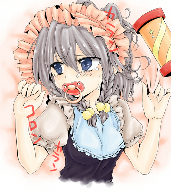 niji (nijioki), izayoi sakuya, touhou, silver hair, 1girl, adult baby, baby, braid, crying, crying with eyes open, female focus, hairband, napkin, pacifier, rattle, short hair, solo, tears, twin braids