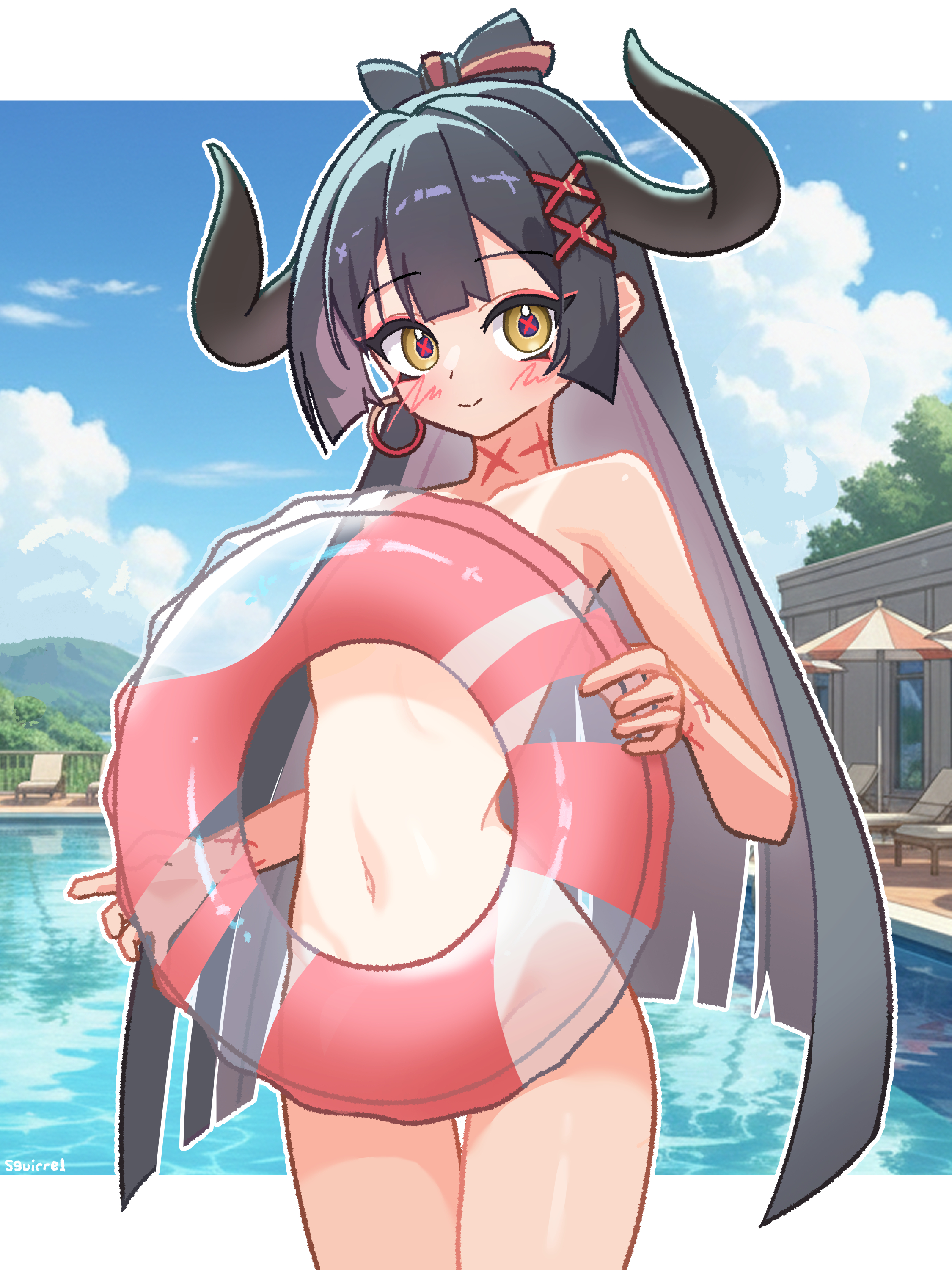 s9uirrel, diein (djmax), djmax, absurdres, commentary, highres, 1girl, black hair, black horns, blunt ends, bow-shaped hair, breasts, closed mouth, earrings, hair ornament, holding, holding swim ring, hoop earrings, horns, innertube, jewelry, long hair, looking at viewer, navel, nude, one-piece tan, outdoors, outline, pool, single earring, small breasts, smile, solo, swim ring, tan, tanline, very long hair, white outline, x hair ornament, yellow eyes