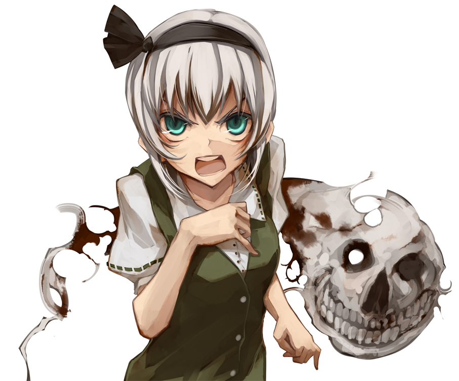 shimadoriru, konpaku youmu, konpaku youmu (ghost), touhou, silver hair, 1girl, angry, aqua eyes, creepy, female focus, ghost, grin, hairband, hitodama, horror (theme), short hair, skull, smile, solo