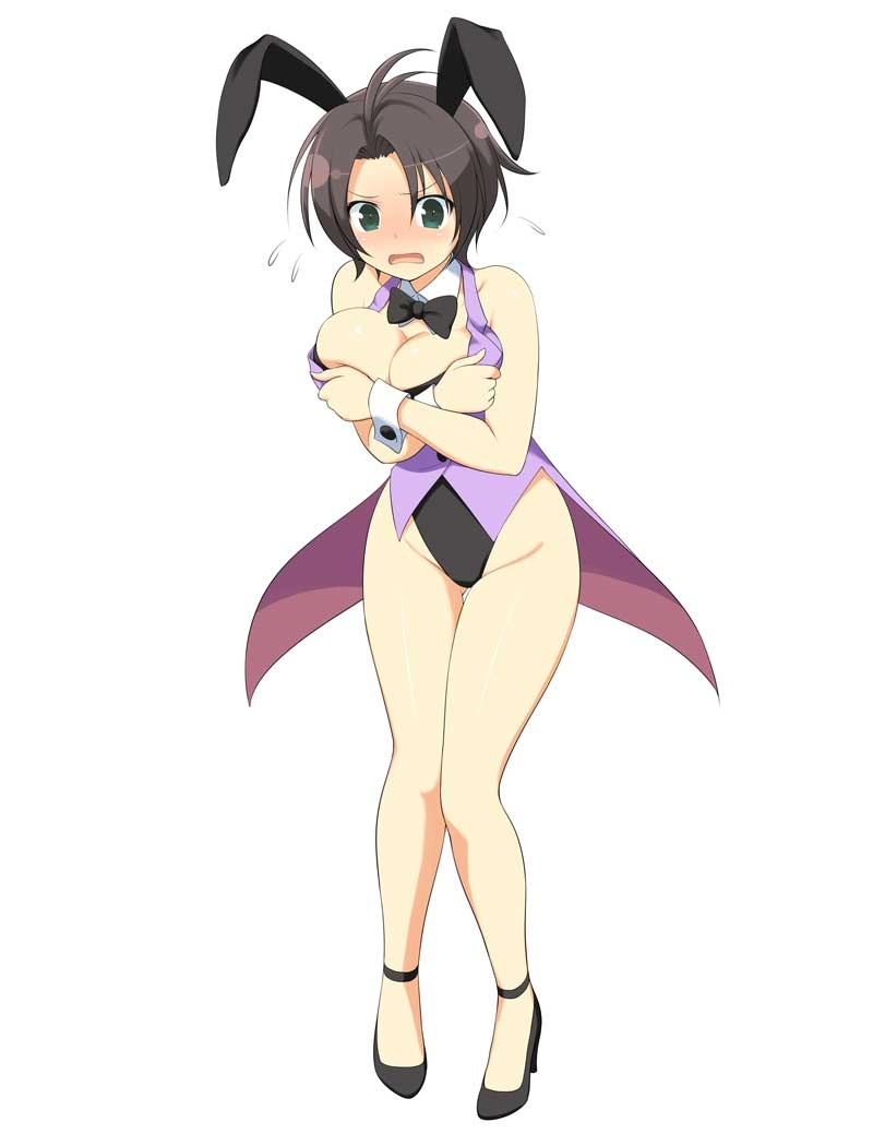 kanzaki (senran kagura), senran kagura, senran kagura new wave, official art, 1girl, :o, animal ear hairband, animal ears, antenna hair, black hair, black leotard, black shoes, blush, bow, bowtie, breast press, breasts, cleavage, coattails, covering breasts, covering privates, detached collar, english text, fake animal ears, flying sweatdrops, full body, gluteal fold, green eyes, groin, hairband, high heels, highleg, highleg leotard, large breasts, leotard, official alternate costume, official alternate hairstyle, parted bangs, playboy bunny, purple vest, rabbit ear hairband, rabbit ears, shoes, short hair, simple background, solo, strapless, strapless leotard, vest, white background, white wrist cuffs, wrist cuffs