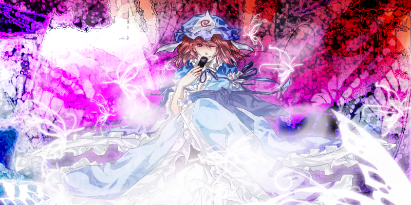 yameru, saigyouji yuyuko, touhou, bad id, bad pixiv id, 1girl, female focus, hat, pink hair, solo, wink