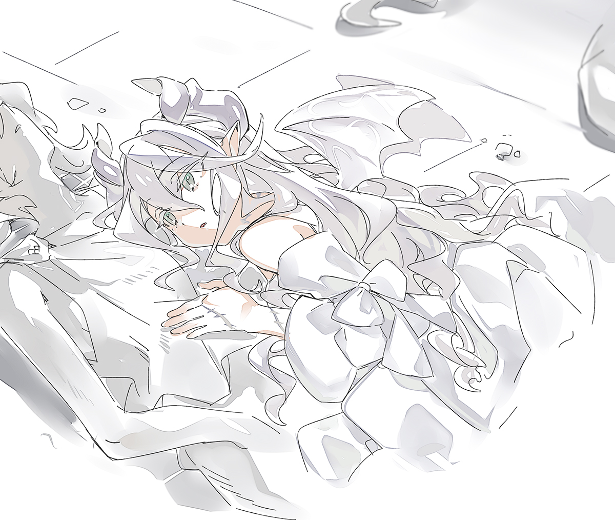 3 ma me, arias the labrynth butler, lovely labrynth of the silver castle, yu-gi-oh!, 1girl, bare shoulders, breasts, cleavage, demon girl, demon horns, demon wings, dress, drill hair, duel monster, grey eyes, grey hair, horns, large breasts, multiple wings, pointy ears, solo, statue, transparent wings, twin drills, white dress, white horns, wings, yuri