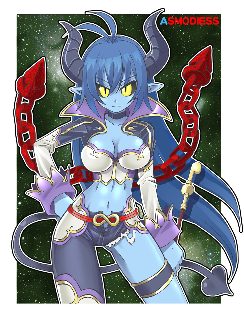 riita iga, asmodeus (shinrabanshou), shinrabanshou, 1girl, black sclera, blue hair, blue skin, breasts, chain, choker, colored sclera, colored skin, demon girl, denim, english text, engrish text, female focus, horns, jeans, kiseru, long hair, midriff, navel, pants, ranguage, smoking pipe, solo, tail, torn clothes, unzipped, very long hair, yellow eyes