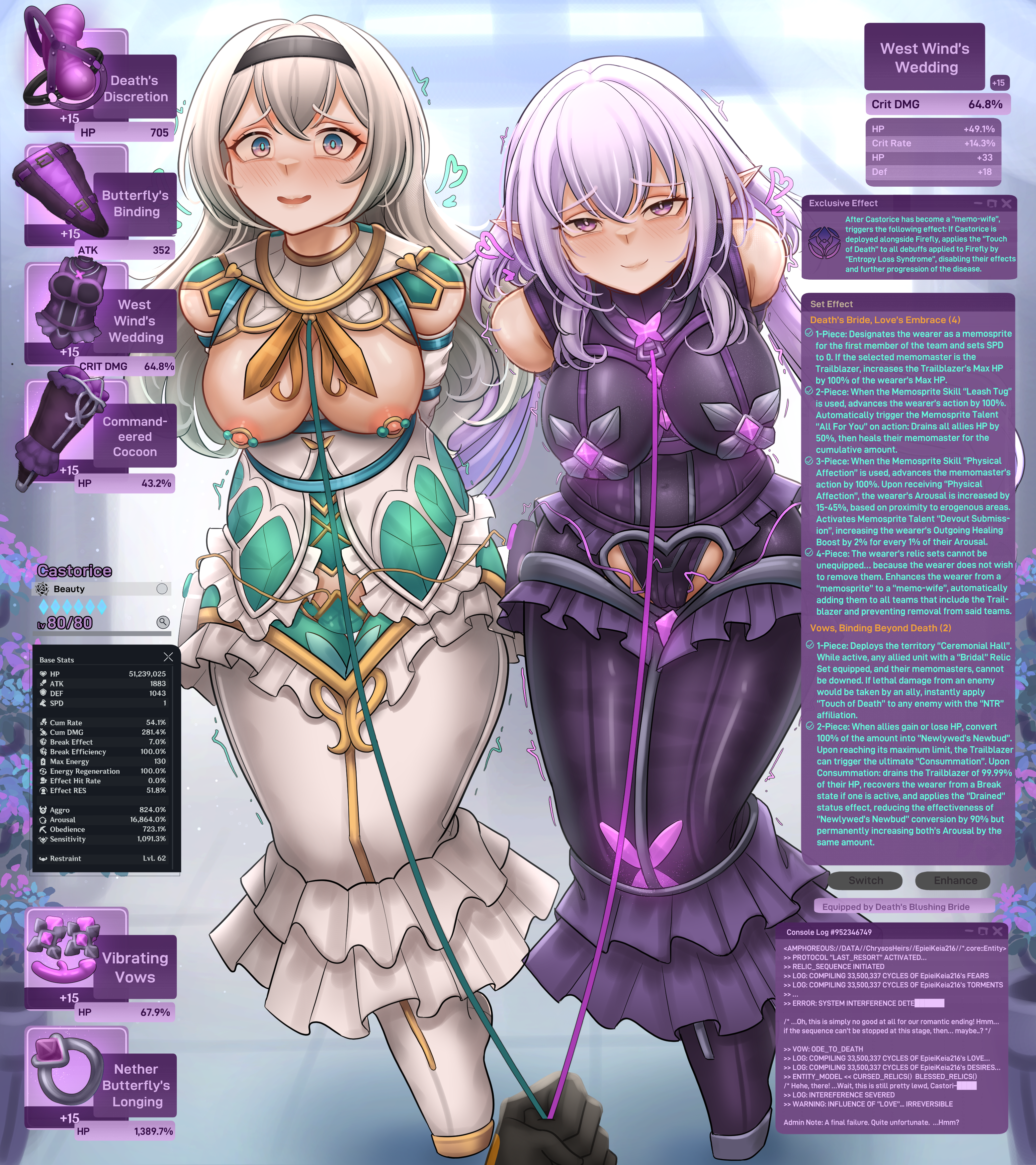 dankestofdans, castorice (honkai: star rail), firefly (honkai: star rail), stelle (honkai: star rail), trailblazer (honkai: star rail), honkai: star rail, honkai (series), absurdres, commentary, commission, english commentary, highres, large variant set, pixiv commission, variant set, 3girls, armbinder, arms behind back, ballet boots, bare shoulders, bdsm, black dress, black gloves, black hairband, black panties, blush, bondage, bound, bound ankles, bound arms, bound legs, bound wrists, breast bondage, breasts, bride, bug, butterfly, closed mouth, clothing cutout, crotch cutout, dress, egg vibrator, english text, gameplay mechanics, gloves, green dress, green panties, grey hair, hair between eyes, hair intakes, hairband, harem, heart, insect, large breasts, leash, leash pull, legbinder, long hair, looking at viewer, multicolored eyes, multiple girls, neckerchief, nipple clamps, nipples, open mouth, orange neckerchief, panties, pov, pov hands, purple butterfly, purple dress, purple eyes, purple hair, restrained, sex toy, two-tone dress, two-tone eyes, underwear, very long hair, vibrator, vibrator under clothes, vibrator under panties, viewer holding leash, wedding dress, white dress