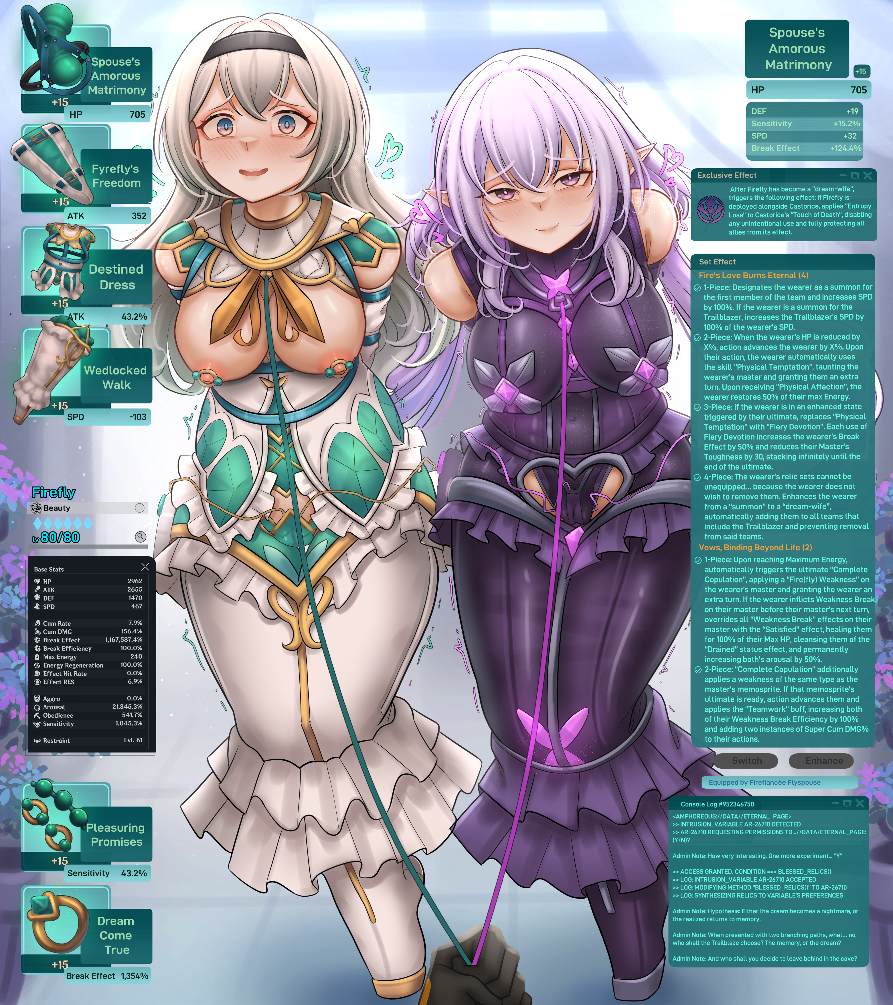 dankestofdans, castorice (honkai: star rail), firefly (honkai: star rail), stelle (honkai: star rail), trailblazer (honkai: star rail), honkai: star rail, honkai (series), absurdres, commentary, commission, english commentary, highres, large variant set, pixiv commission, variant set, 3girls, armbinder, arms behind back, ballet boots, bare shoulders, bdsm, black dress, black gloves, black hairband, black panties, blush, bondage, bound, bound ankles, bound arms, bound legs, bound wrists, breast bondage, breasts, bride, bug, butterfly, closed mouth, clothing cutout, crotch cutout, dress, egg vibrator, english text, gameplay mechanics, gloves, green dress, green panties, grey hair, hair between eyes, hair intakes, hairband, harem, heart, insect, large breasts, leash, leash pull, legbinder, long hair, looking at viewer, multicolored eyes, multiple girls, neckerchief, nipple clamps, nipples, open mouth, orange neckerchief, panties, pov, pov hands, purple butterfly, purple dress, purple eyes, purple hair, restrained, sex toy, two-tone dress, two-tone eyes, underwear, very long hair, vibrator, vibrator under clothes, vibrator under panties, viewer holding leash, wedding dress, white dress