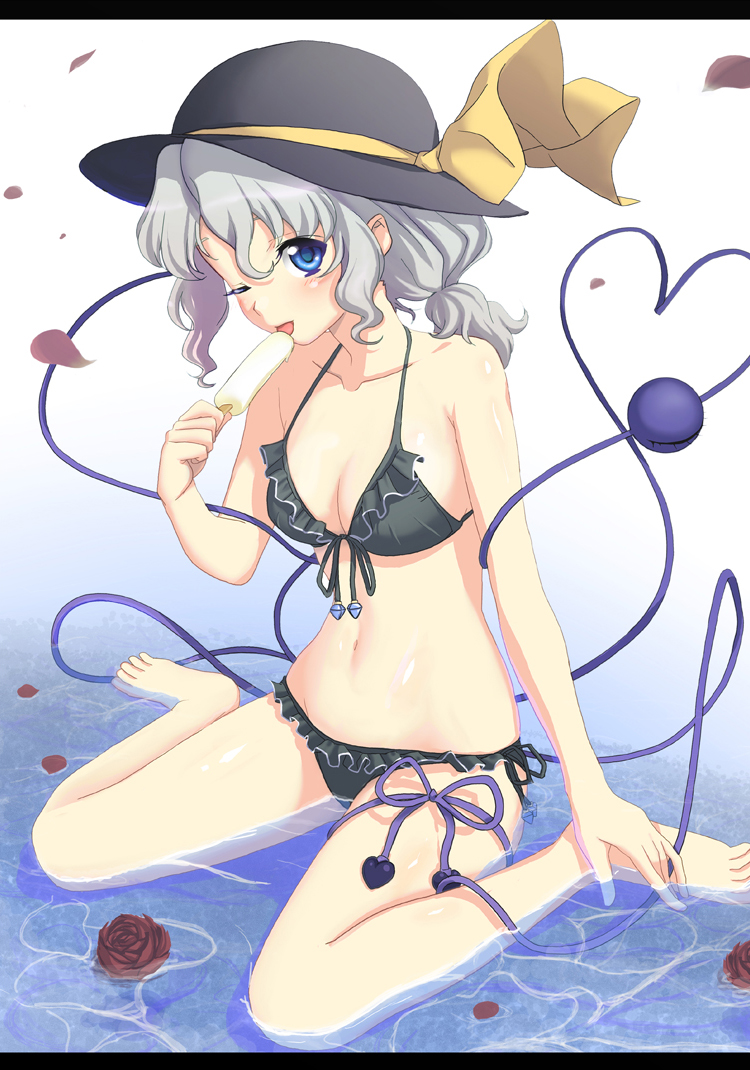 kimitoshiin, komeiji koishi, touhou, bad id, bad pixiv id, 1girl, bare shoulders, barefoot, bikini, black bikini, blue eyes, breasts, cleavage, female focus, flower, food, frills, front-tie top, grey hair, hat, heart, heart of string, ice cream, letterboxed, licking, looking at viewer, one eye closed, ponytail, popsicle, ribbon, rose, sitting, solo, swimsuit, wariza, water, wink