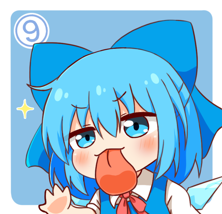 yige lurenjia, cirno, touhou, commentary request, revision, 1girl, blue bow, blue dress, blue eyes, blue hair, blush, bow, chibi, dress, hair bow, hand on screen, ice, ice wings, licking screen, looking at viewer, short sleeves, solo, sparkle, tongue, tongue out, wings