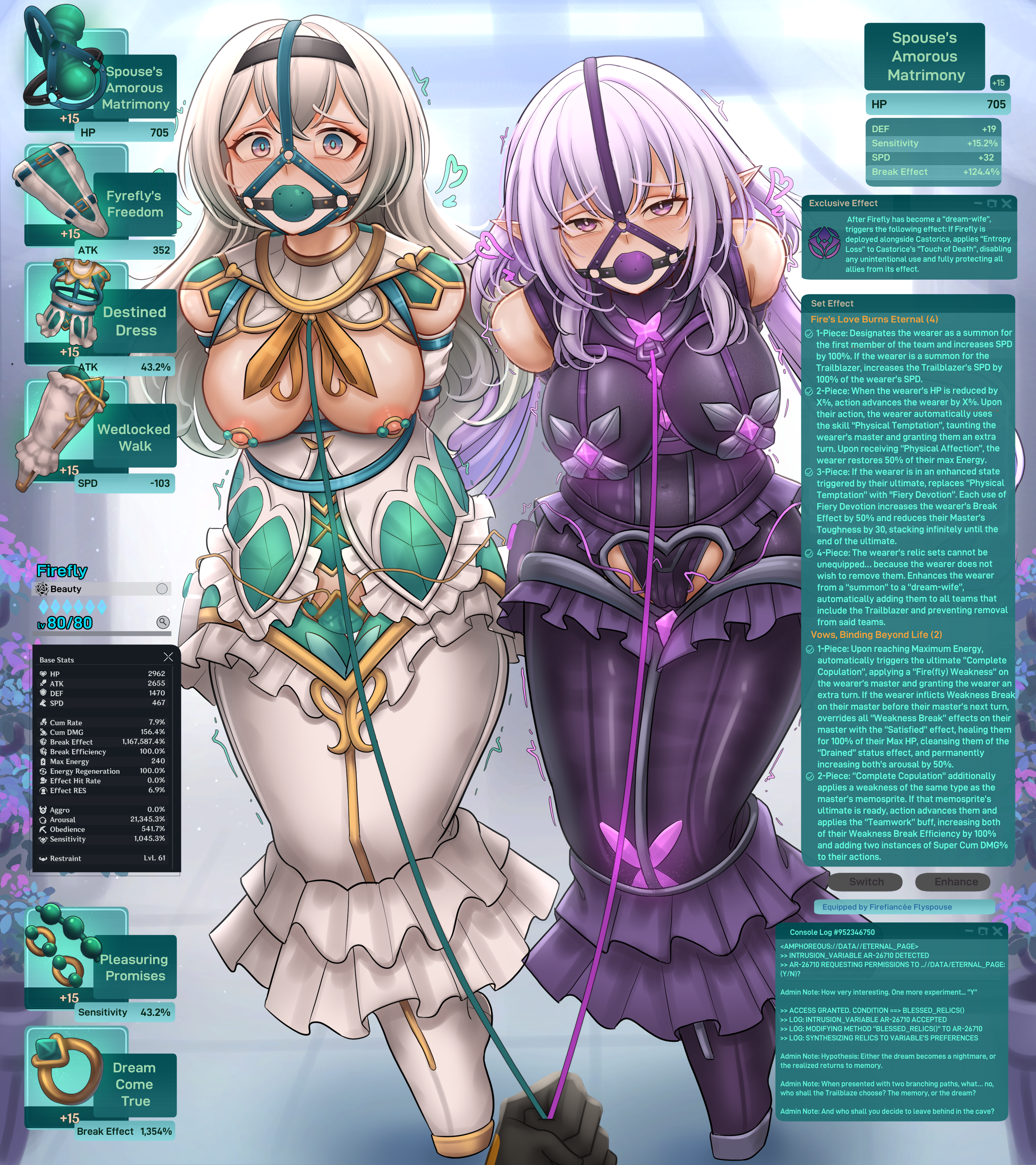 dankestofdans, castorice (honkai: star rail), firefly (honkai: star rail), stelle (honkai: star rail), trailblazer (honkai: star rail), honkai: star rail, honkai (series), absurdres, commentary, commission, english commentary, highres, large variant set, pixiv commission, variant set, 3girls, armbinder, arms behind back, ball gag, ballet boots, bare shoulders, bdsm, black dress, black gloves, black hairband, black panties, blush, bondage, bound, bound ankles, bound arms, bound legs, bound wrists, breast bondage, breasts, bride, bug, butterfly, clothing cutout, crotch cutout, dress, egg vibrator, english text, gag, gag harness, gagged, gameplay mechanics, gloves, green dress, green panties, grey hair, hair between eyes, hair intakes, hairband, harem, heart, insect, large breasts, leash, leash pull, legbinder, long hair, looking at viewer, multicolored eyes, multiple girls, neckerchief, nipple clamps, nipples, orange neckerchief, panties, pov, pov hands, purple butterfly, purple dress, purple eyes, purple hair, restrained, sex toy, two-tone dress, two-tone eyes, underwear, very long hair, vibrator, vibrator under clothes, vibrator under panties, viewer holding leash, wedding dress, white dress