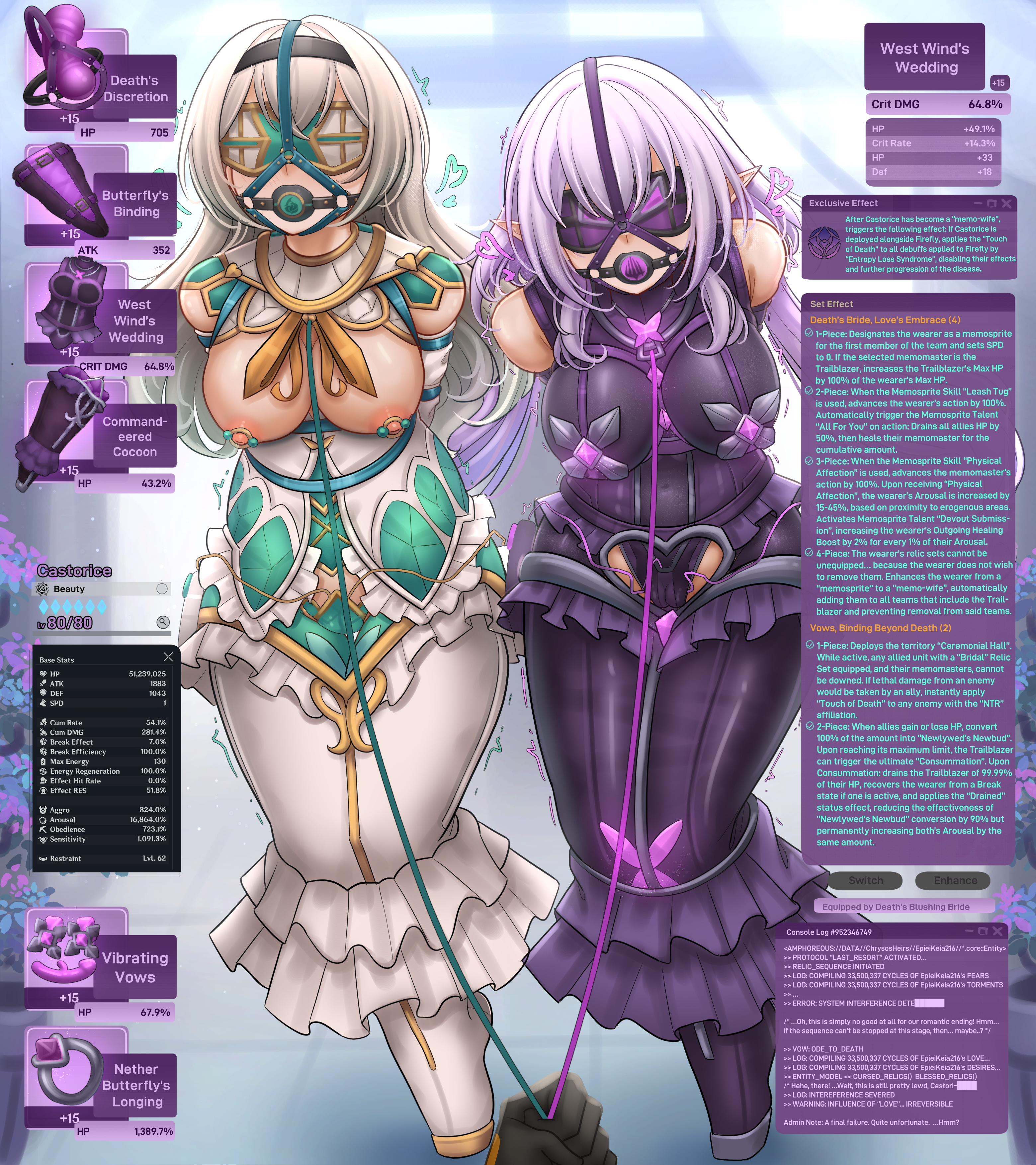 dankestofdans, castorice (honkai: star rail), firefly (honkai: star rail), stelle (honkai: star rail), trailblazer (honkai: star rail), honkai: star rail, honkai (series), absurdres, commentary, commission, english commentary, highres, large variant set, pixiv commission, variant set, 3girls, armbinder, arms behind back, ball gag, ballet boots, bare shoulders, bdsm, black dress, black gloves, black hairband, black panties, blindfold, blush, bondage, bound, bound ankles, bound arms, bound legs, bound wrists, breast bondage, breasts, bride, bug, butterfly, clothing cutout, crotch cutout, dress, egg vibrator, english text, gag, gag harness, gagged, gameplay mechanics, gloves, green dress, green panties, grey hair, hair between eyes, hair intakes, hairband, harem, heart, insect, large breasts, leash, leash pull, legbinder, long hair, multiple girls, neckerchief, nipple clamps, nipples, orange neckerchief, panties, pov, pov hands, purple butterfly, purple dress, purple hair, restrained, sex toy, two-tone dress, underwear, very long hair, vibrator, vibrator under clothes, vibrator under panties, viewer holding leash, wedding dress, white dress