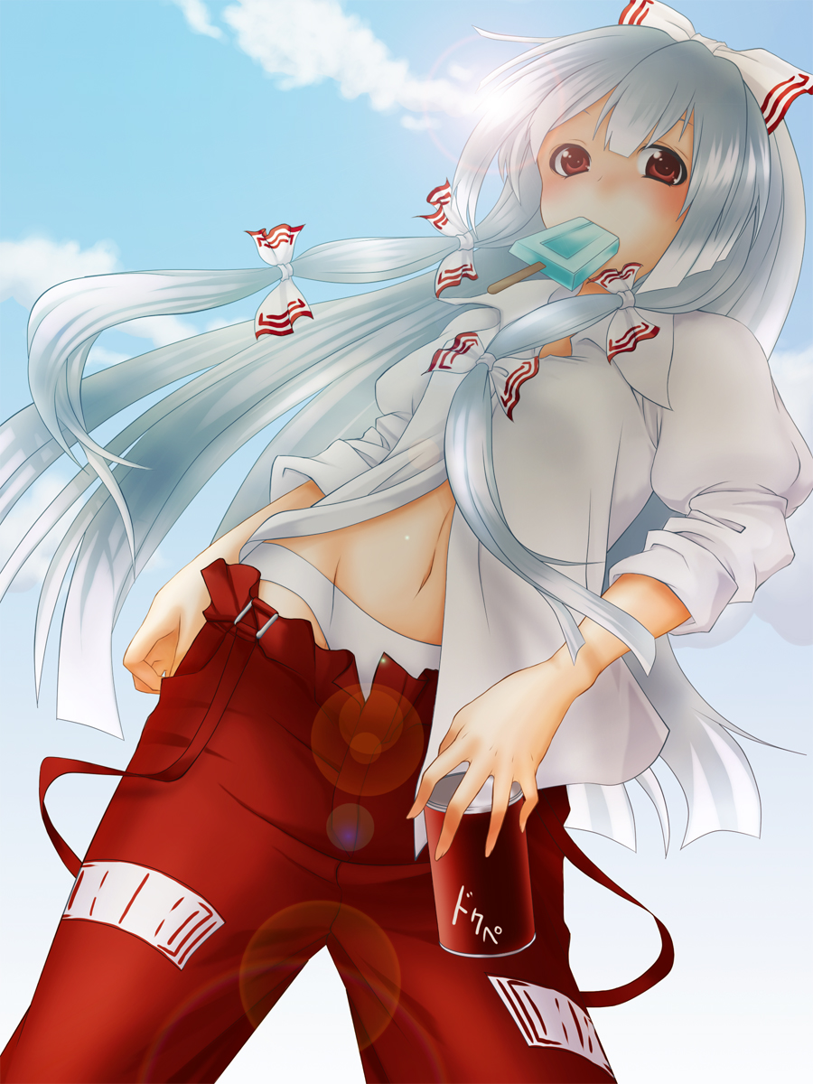 orippa, fujiwara no mokou, touhou, silver hair, highres, 1girl, can, cloud, day, drink can, female focus, food, from below, hair ribbon, lens flare, long hair, looking down, midriff, mouth hold, ofuda, open clothes, open shirt, panties, popsicle, red eyes, ribbon, shirt, sky, soda can, solo, staring, suspenders, underwear