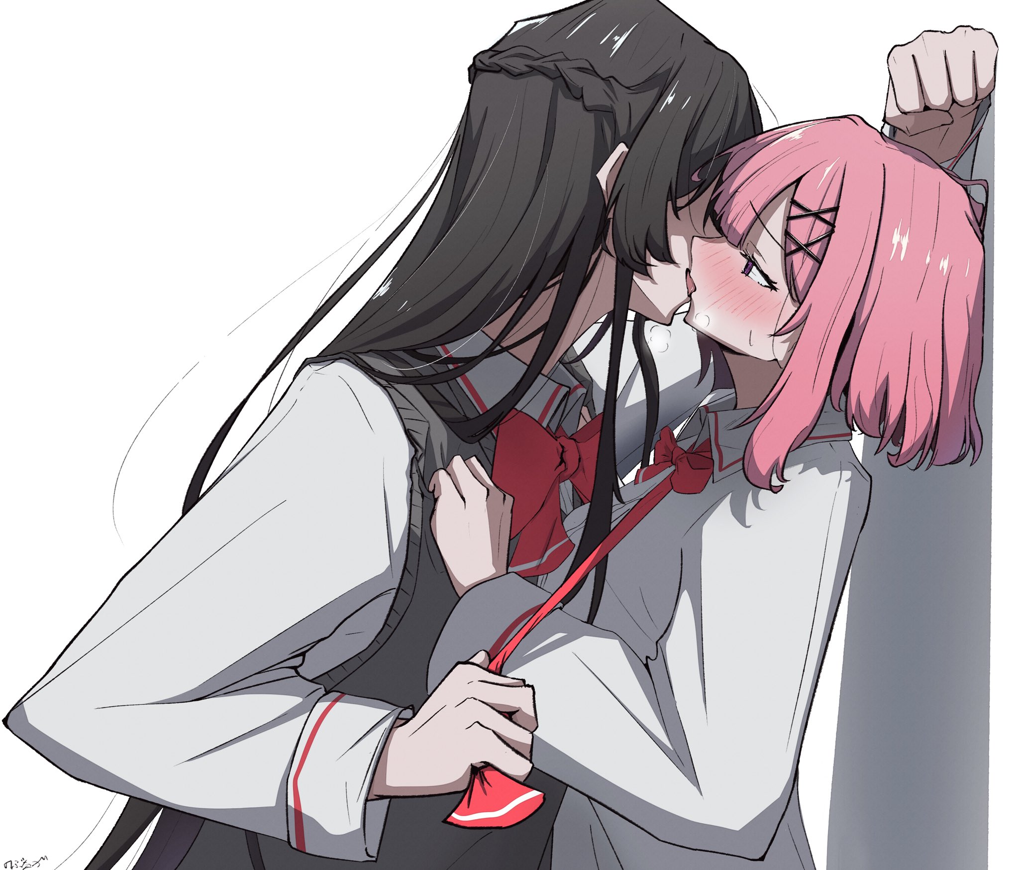 amaori renako, koto satsuki, watashi ga koibito ni nareru wake naijan murimuri!, commentary, hashtag-only commentary, highres, 2girls, black hair, blush, bow, bowtie, braid, french kiss, grey sweater vest, half up braid, kabedon, kiss, long hair, medium hair, multiple girls, nobunaga (nbng g), pink hair, purple eyes, red bow, red bowtie, shirt, sweater vest, white shirt, yuri