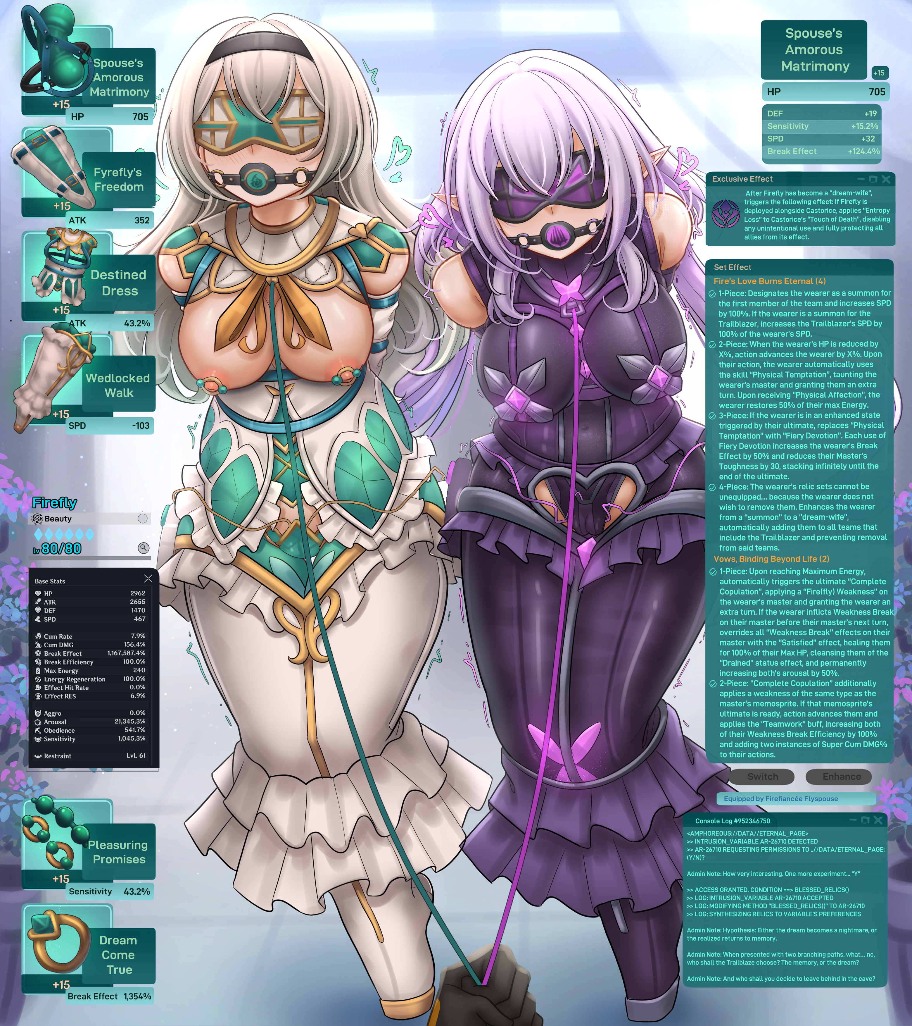 dankestofdans, castorice (honkai: star rail), firefly (honkai: star rail), stelle (honkai: star rail), trailblazer (honkai: star rail), honkai: star rail, honkai (series), absurdres, commentary, commission, english commentary, highres, large variant set, pixiv commission, variant set, 3girls, armbinder, arms behind back, ball gag, ballet boots, bare shoulders, bdsm, black dress, black gloves, black hairband, black panties, blindfold, blush, bondage, bound, bound ankles, bound arms, bound legs, bound wrists, breast bondage, breasts, bride, bug, butterfly, clothing cutout, crotch cutout, dress, egg vibrator, english text, gag, gagged, gameplay mechanics, gloves, green dress, green panties, grey hair, hair between eyes, hair intakes, hairband, harem, heart, insect, large breasts, leash, leash pull, legbinder, long hair, multiple girls, neckerchief, nipple clamps, nipples, orange neckerchief, panties, pov, pov hands, purple butterfly, purple dress, purple hair, restrained, sex toy, two-tone dress, underwear, very long hair, vibrator, vibrator under clothes, vibrator under panties, viewer holding leash, wedding dress, white dress