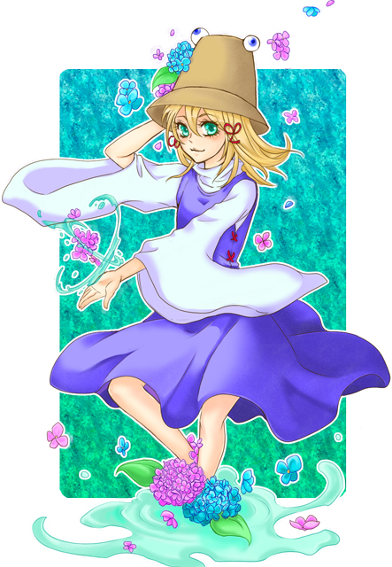 tokusa, moriya suwako, touhou, 1girl, aqua eyes, blonde hair, blouse, female focus, flower, hat, hydrangea, outline, outside border, plant, shirt, short hair, solo, standing, white shirt
