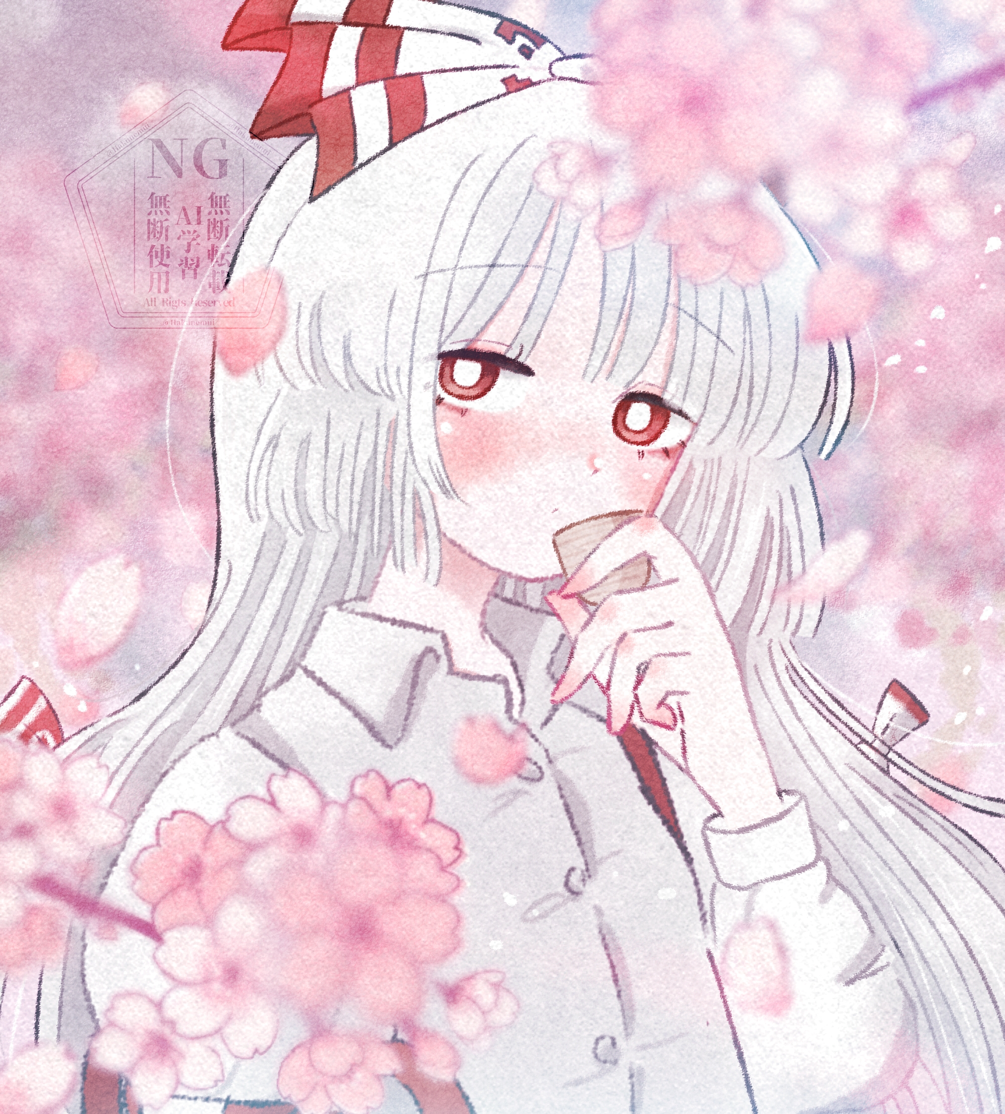 hakunemui, fujiwara no mokou, touhou, commentary, highres, 1girl, blurry, blurry background, blurry foreground, blush, bow, bright pupils, cherry blossoms, choko (cup), cup, depth of field, falling petals, hair bow, holding, holding cup, long hair, looking at viewer, outdoors, petals, red eyes, shirt, solo, straight hair, suspenders, upper body, very long hair, watermark, white bow, white hair, white pupils, white shirt