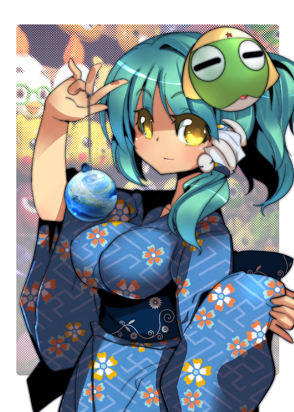 a-walk, fujishima-sei ichi-gou, keroro, kochiya sanae, keroro gunsou, touhou, highres, 1girl, alternate hairstyle, breasts, colored eyelashes, female focus, japanese clothes, kimono, large breasts, mask, ponytail, solo