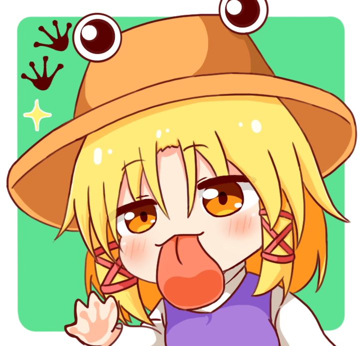 yige lurenjia, moriya suwako, touhou, commentary request, revision, 1girl, blonde hair, blush, chibi, hair ribbon, hand on screen, licking screen, long sleeves, looking at viewer, purple hair, red ribbon, ribbon, shirt, short hair, sidelocks, solo, sparkle, tongue, tongue out, white shirt, yellow eyes