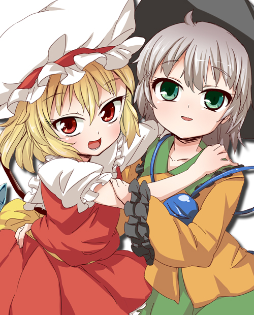 hama chon, flandre scarlet, komeiji koishi, touhou, 2girls, blonde hair, female focus, green eyes, grey hair, hat, mob cap, multiple girls, red eyes