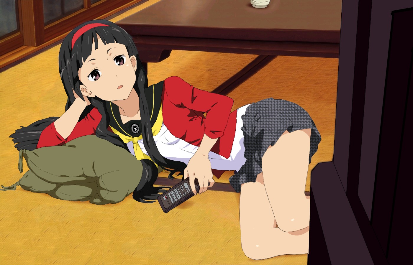 amagi yukiko, nagi, atlus, kannagi, persona, persona 4, bad id, bad pixiv id, third-party edit, 1girl, black hair, controller, female focus, hairband, headband, long hair, lying, parody, remote control, school uniform, solo