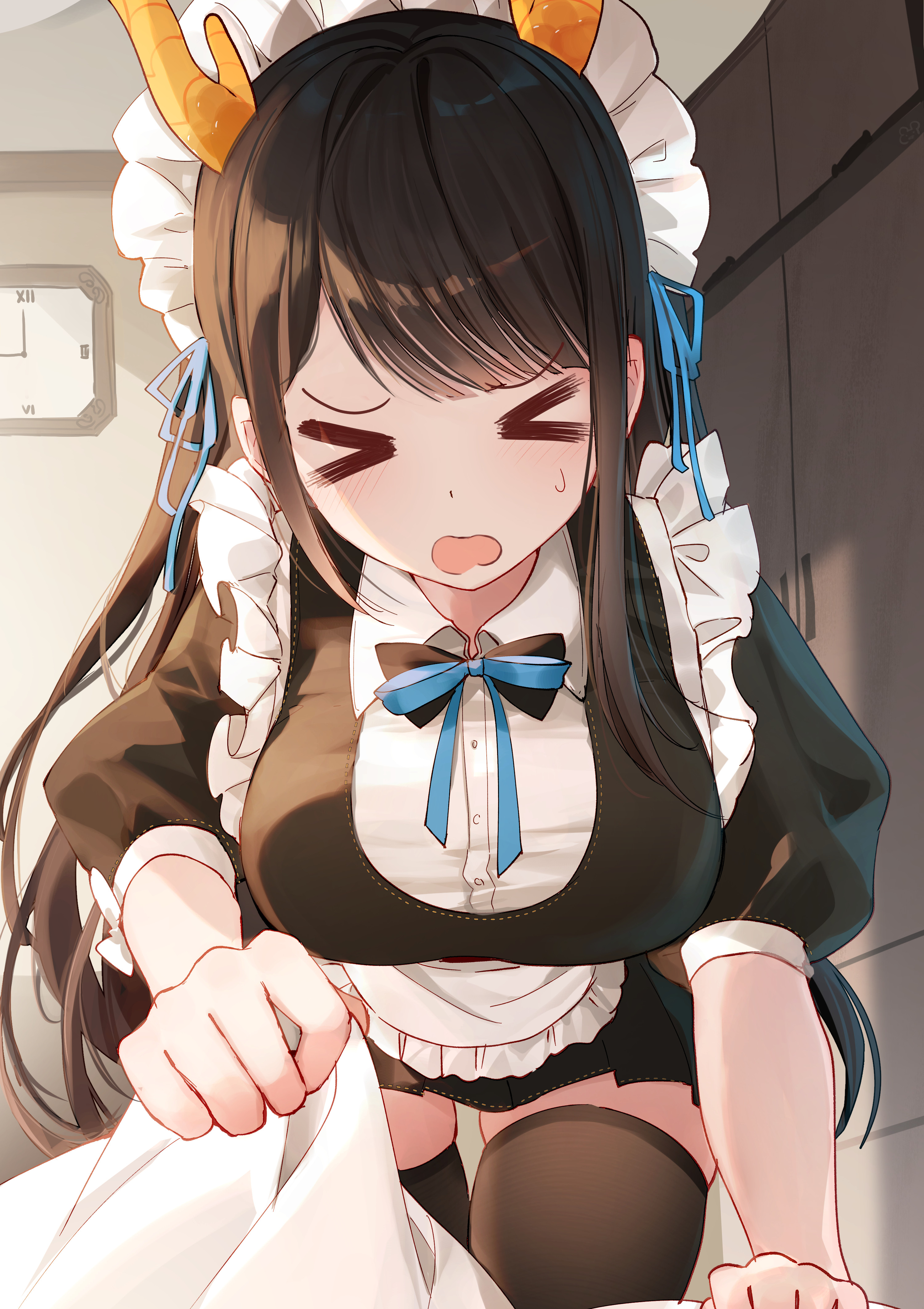 bison cangshu, absurdres, commentary request, copyright request, highres, > <, 1girl, apron, black dress, black hair, blanket, blush, breasts, clock, dress, eyelashes, frilled apron, frills, holding, holding blanket, horns, indoors, large breasts, leaning forward, long hair, looking at viewer, maid, maid apron, maid headdress, open mouth, puffy short sleeves, puffy sleeves, short sleeves, sidelighting, skindentation, solo, sweatdrop, thighhighs, waist apron, wall clock, wavy mouth, white apron