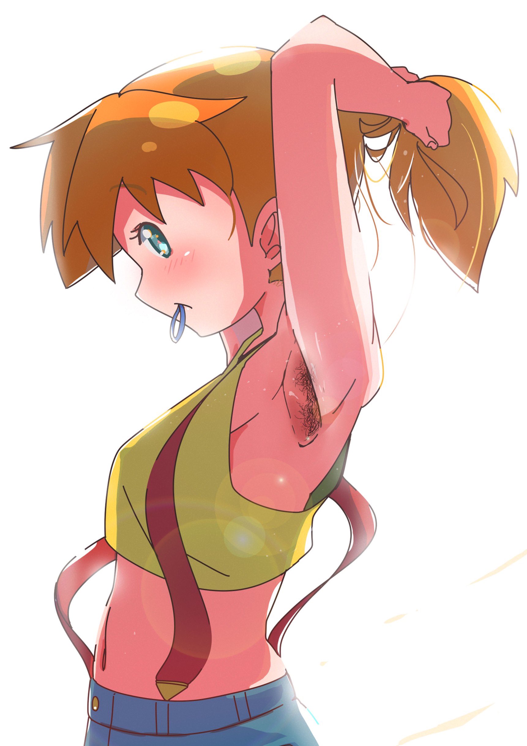 masamu (leonore69), misty (pokemon), nintendo, pokemon, pokemon (anime), pokemon (classic anime), absurdres, highres, 1girl, aqua eyes, armpits, asymmetrical hair, blush, breasts, denim, denim shorts, gym leader, hair tie, legs, medium breasts, navel, open mouth, orange hair, ponytail, shirt, short hair, short shorts, shorts, side ponytail, small breasts, solo, tank top, yellow shirt, yellow tank top
