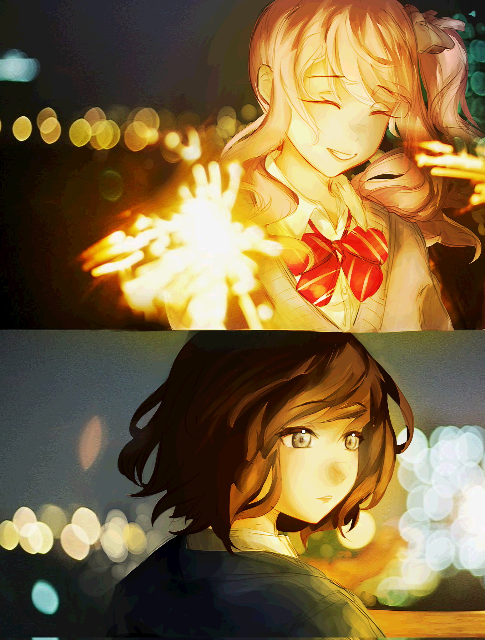 akiyama mizuki, shinonome ena, project sekai, commentary, highres, symbol-only commentary, 1girl, 1other, alphapup, blurry, blurry background, bokeh, bow, bowtie, brown eyes, brown hair, closed eyes, collared shirt, depth of field, fireworks, grin, hair bow, holding, holding fireworks, looking back, parted lips, pink hair, school uniform, shirt, short hair, side ponytail, smile, sparkler, sweater