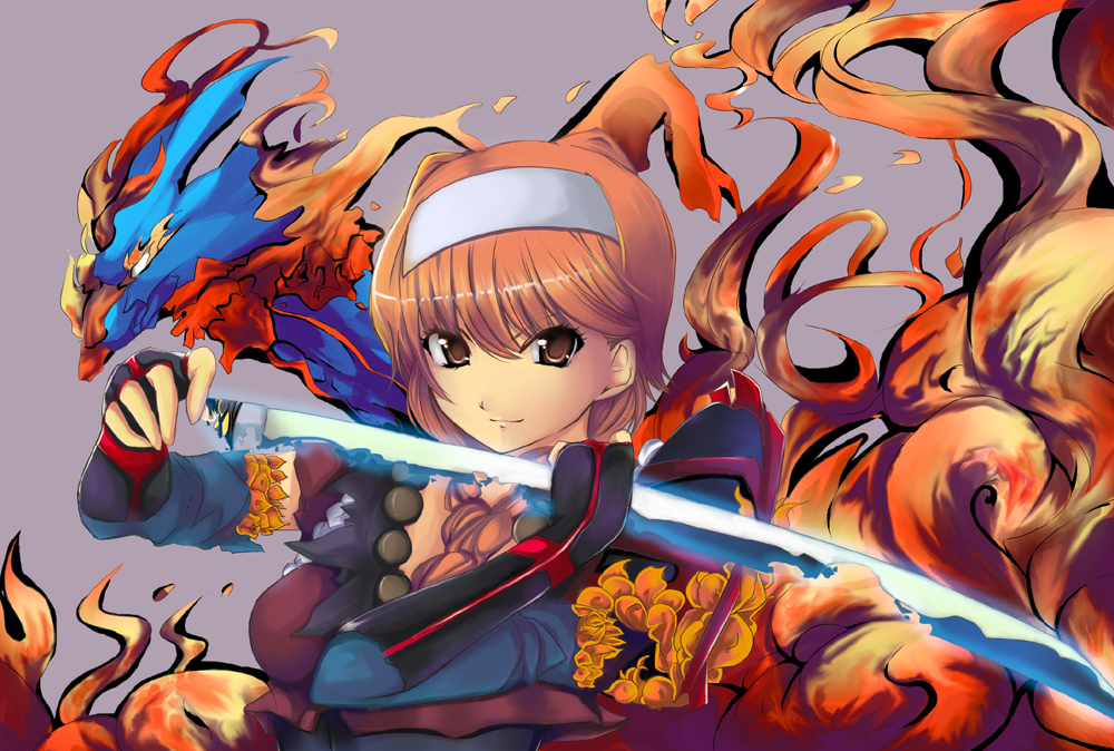 riochan, original, 1girl, brown eyes, brown hair, dragon, female focus, fire, hairband, solo, sword, weapon