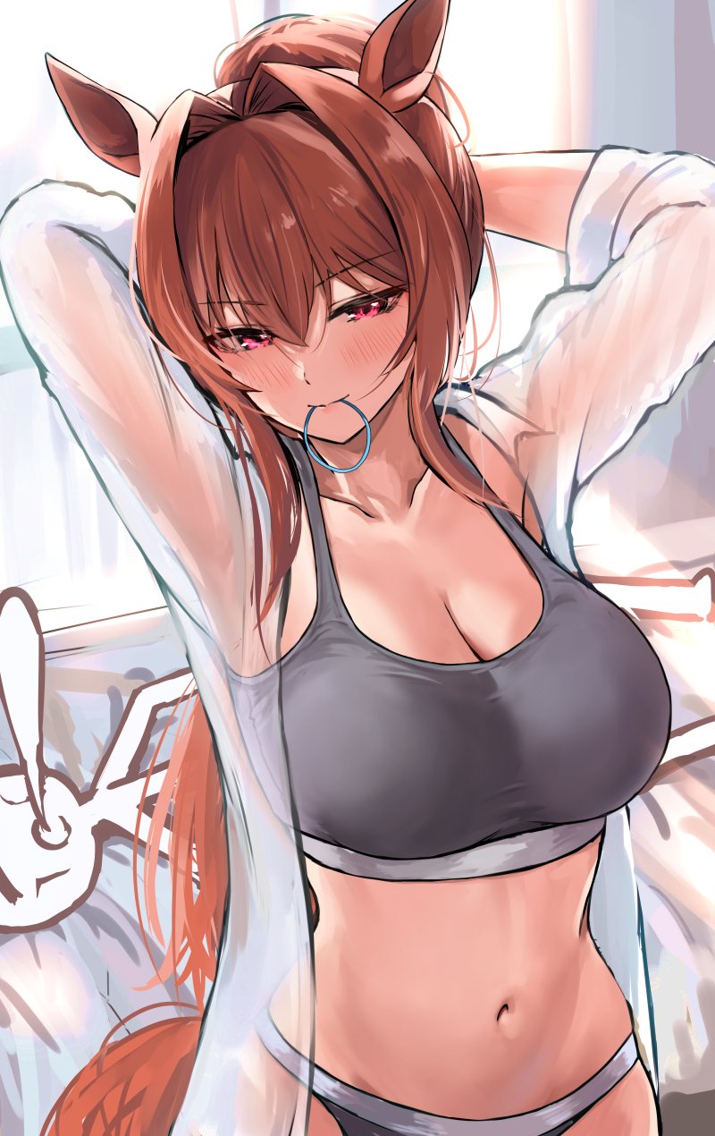 sg (esujii), daiwa scarlet (umamusume), umamusume, commentary request, highres, 1boy, 1girl, animal ears, arms behind head, arms up, breasts, brown hair, cleavage, cowboy shot, giving up the ghost, grey panties, grey sports bra, guy tired after sex (meme), hair between eyes, hair intakes, hair tie in mouth, horse ears, horse girl, horse tail, implied after sex, large breasts, long hair, long sleeves, lying, meme, mouth hold, navel, open clothes, open shirt, panties, red eyes, shirt, sports bra, tail, underwear, white shirt, window