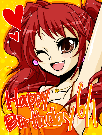 ichigou miya, kujikawa rise, atlus, persona, persona 4, 1girl, breasts, brown eyes, earrings, female focus, jewelry, medium breasts, necklace, one eye closed, red hair, smile, solo, twintails, wink