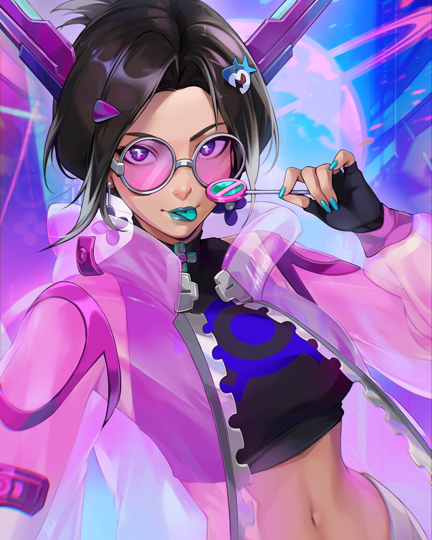 noush, galacta, marvel, marvel rivals, commentary, english commentary, highres, aqua nails, black hair, black shirt, colored tongue, crop top, cropped shirt, earrings, glass, green lips, green tongue, hair intakes, horns, jacket, jewelry, looking at viewer, pink jacket, purple-tinted eyewear, purple eyes, round eyewear, see-through clothes, see-through jacket, shirt, short hair, sleeveless, solo, tinted eyewear, upper body