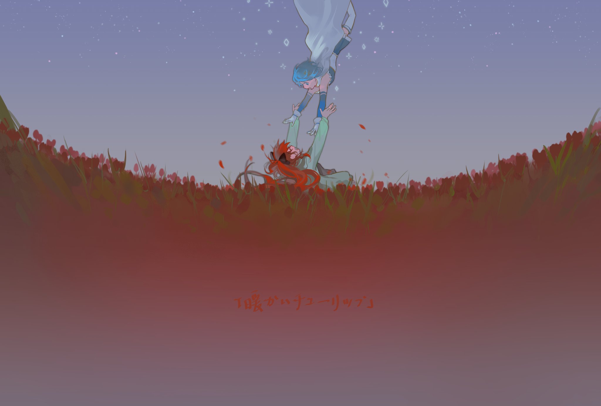 riyu qvq, miki sayaka, miki sayaka (magical girl), sakura kyoko, mahou shoujo madoka magica, mahou shoujo madoka magica (anime), commentary request, highres, translation request, 2girls, arms up, blue eyes, blue hair, blue sky, bow, cape, field, flower, flower field, flying, gloves, hair bow, happy, long hair, magical girl, multiple girls, open mouth, outdoors, ponytail, reaching, reaching towards another, red flower, red hair, red petals, short hair, skirt, sky, smile, sparkle, thighhighs, white cape, white gloves