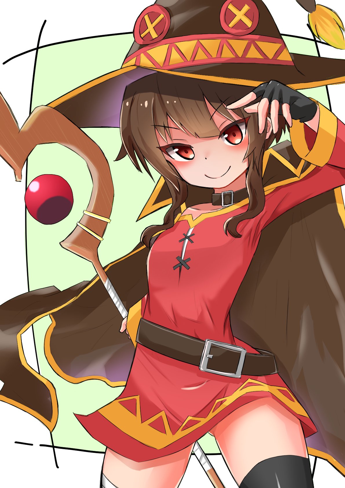 nemona (nemona168), megumin, kono subarashii sekai ni shukufuku wo!, commentary request, highres, 1girl, asymmetrical legwear, bandaged leg, bandages, belt, belt collar, black cape, black gloves, black hair, black thighhighs, blush, cape, closed mouth, collar, collarbone, cowboy shot, dress, fingerless gloves, gloves, gluteal fold, hand up, hat, holding, holding staff, legs apart, long sleeves, looking at viewer, mage staff, mismatched legwear, red dress, red eyes, short dress, short hair with long locks, single thighhigh, smile, solo, staff, thighhighs, v-shaped eyebrows, witch hat