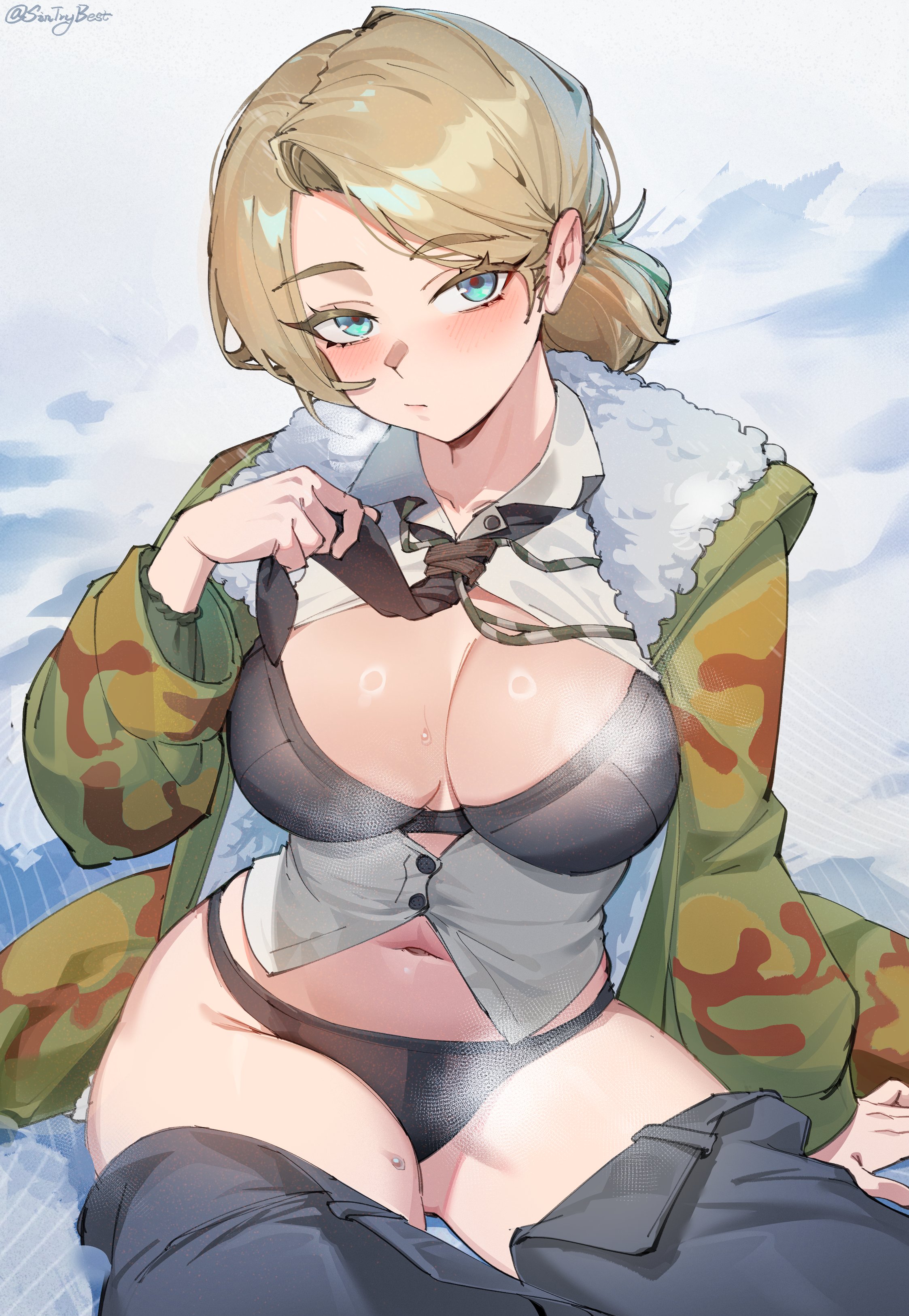 sin (sintrybest), original, absurdres, commentary, english commentary, highres, 1girl, black bra, black necktie, black panties, black pants, blue eyes, bra, breasts, closed mouth, clothes pull, collared shirt, jacket, large breasts, looking at viewer, navel, necktie, outdoors, panties, pants, pants pull, partially unbuttoned, shirt, sitting, snow, solo, underwear, white shirt