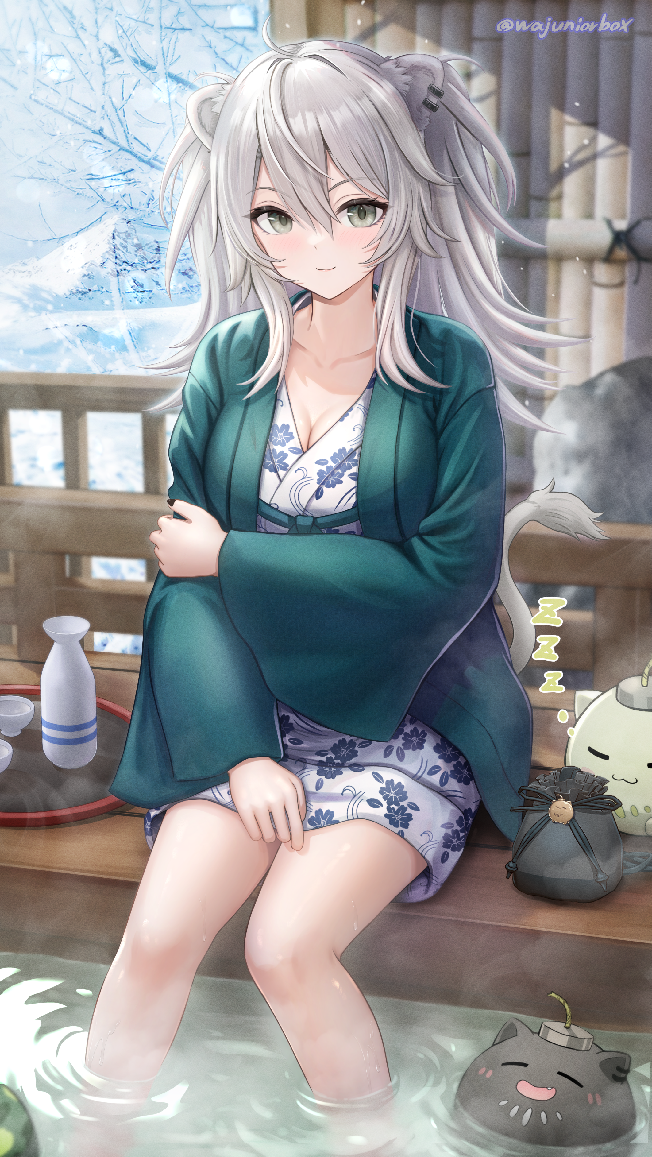 wajuniorbox, shishiro botan, ssrb (shishiro botan), hololive, absurdres, commentary, highres, 1girl, ahoge, alternate costume, animal ear piercing, animal ears, ashiyu, bare legs, blush, breasts, choko (cup), cleavage, closed mouth, collarbone, cup, double-parted bangs, ear piercing, feet out of frame, food, fruit, green eyes, grey hair, hair between eyes, hand on own arm, hanten (clothes), japanese clothes, kimono, large breasts, legs, lion ears, lion girl, lion tail, long hair, long sleeves, looking at viewer, onsen, outdoors, piercing, print kimono, short kimono, sidelocks, sitting, snow, soaking feet, solo, sparkle, tail, thighs, tokkuri, virtual youtuber, wide sleeves, zzz