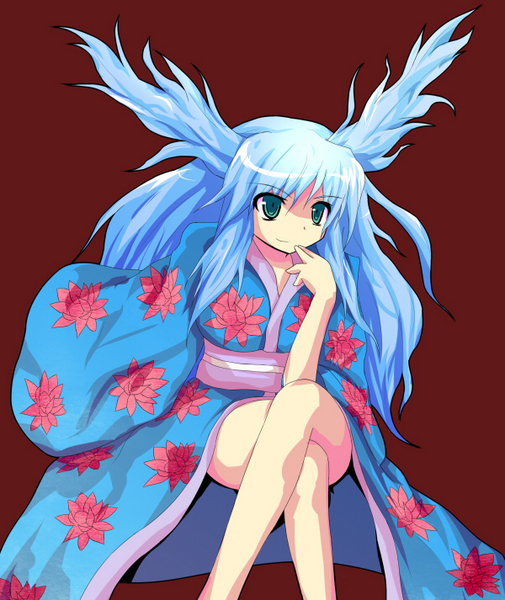 character request, blue hair, green eyes, japanese clothes, kimono, legs, yukata