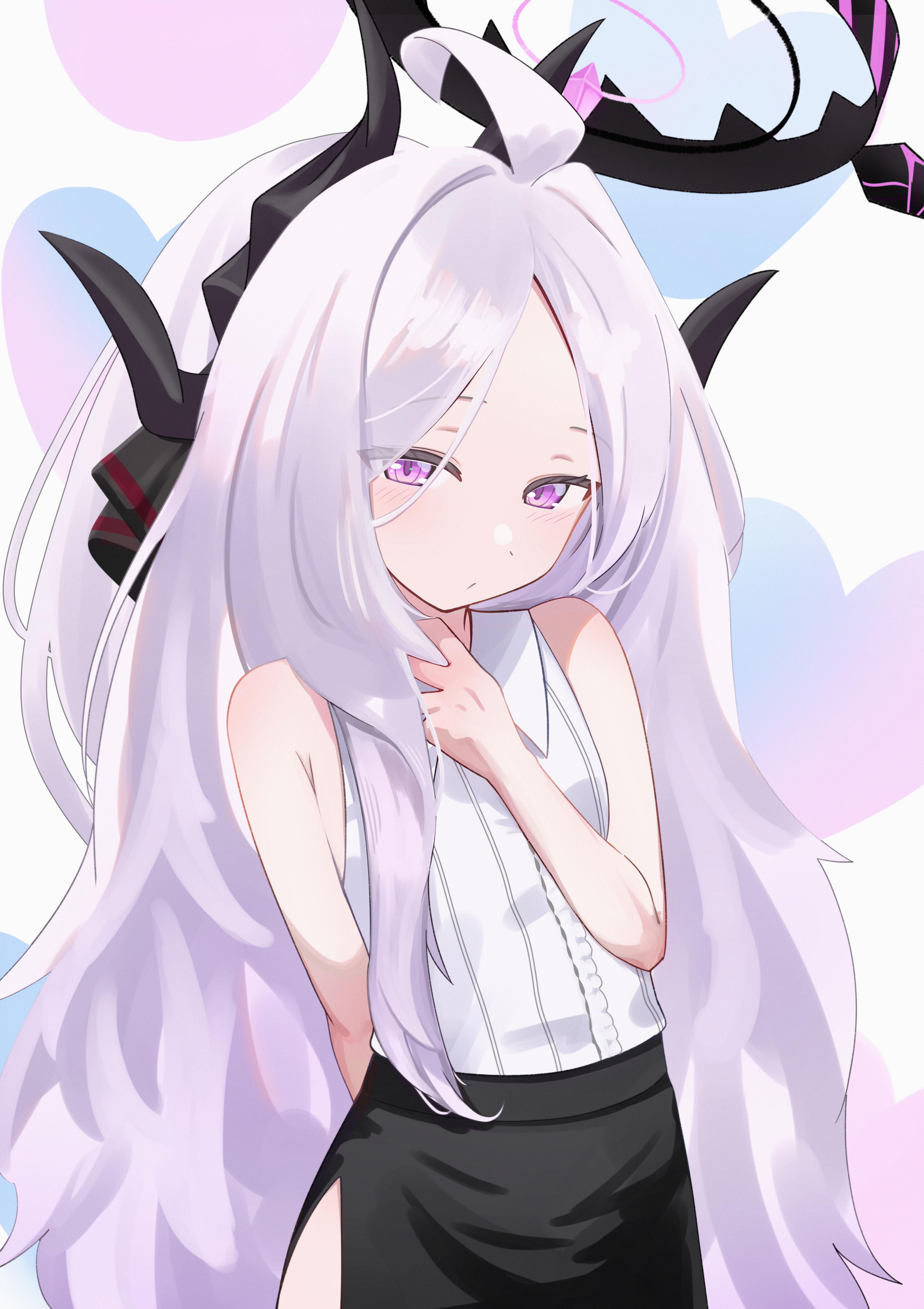 hina (blue archive), blue archive, absurdres, commentary request, highres, 1girl, ahoge, black halo, black skirt, blush, breasts, demon girl, demon horns, halo, heart, horns, long hair, looking at viewer, purple eyes, sainarohh, skirt, small breasts, solo, very long hair, white hair